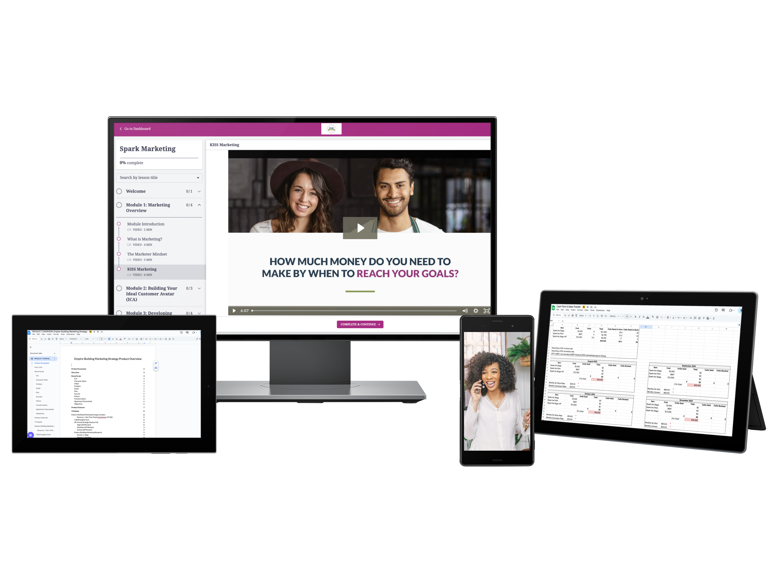 Multiple electronic devices showcasing various digital content: a computer monitor displaying an online course about marketing with smiling faces in the video, a tablet with a detailed spreadsheet, another tablet with a marketing plan, and a smartphone with a woman talking on the phone, all set against a black background.