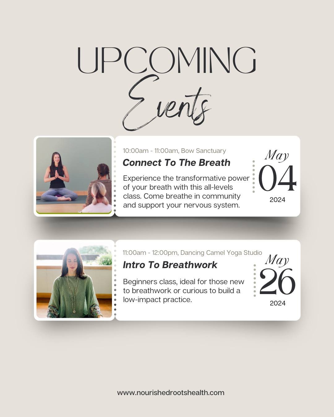🌷MAY EVENTS AT NRH!🌷

Join me in person for some powerful and expansive breathwork experiences this month! 

Coming up this Saturday May 4th is Connect To The Breath, my signature class at the gorgeous @bowsanctuary ! 

Each class focuses on a diff