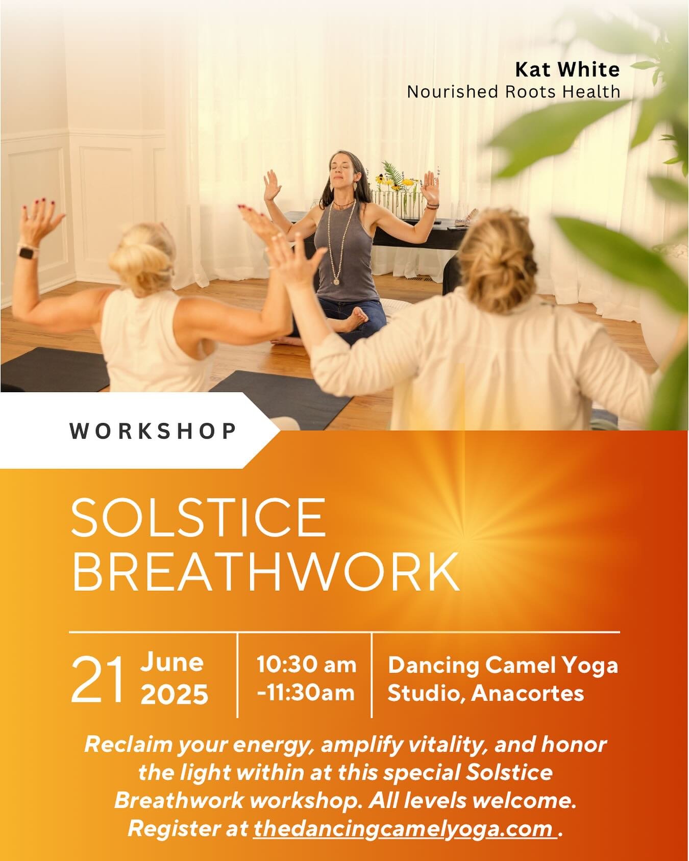 ☀️JUNE 21st: SOLSTICE BREATHWORK EVENT!☀️

Join me for a very special Breathwork event &amp; workshop on the Summer Solstice, June 21st, at Dancing Camel Yoga Studio!

On this special day, the longest of the year, we gather to remember, reclaim and e