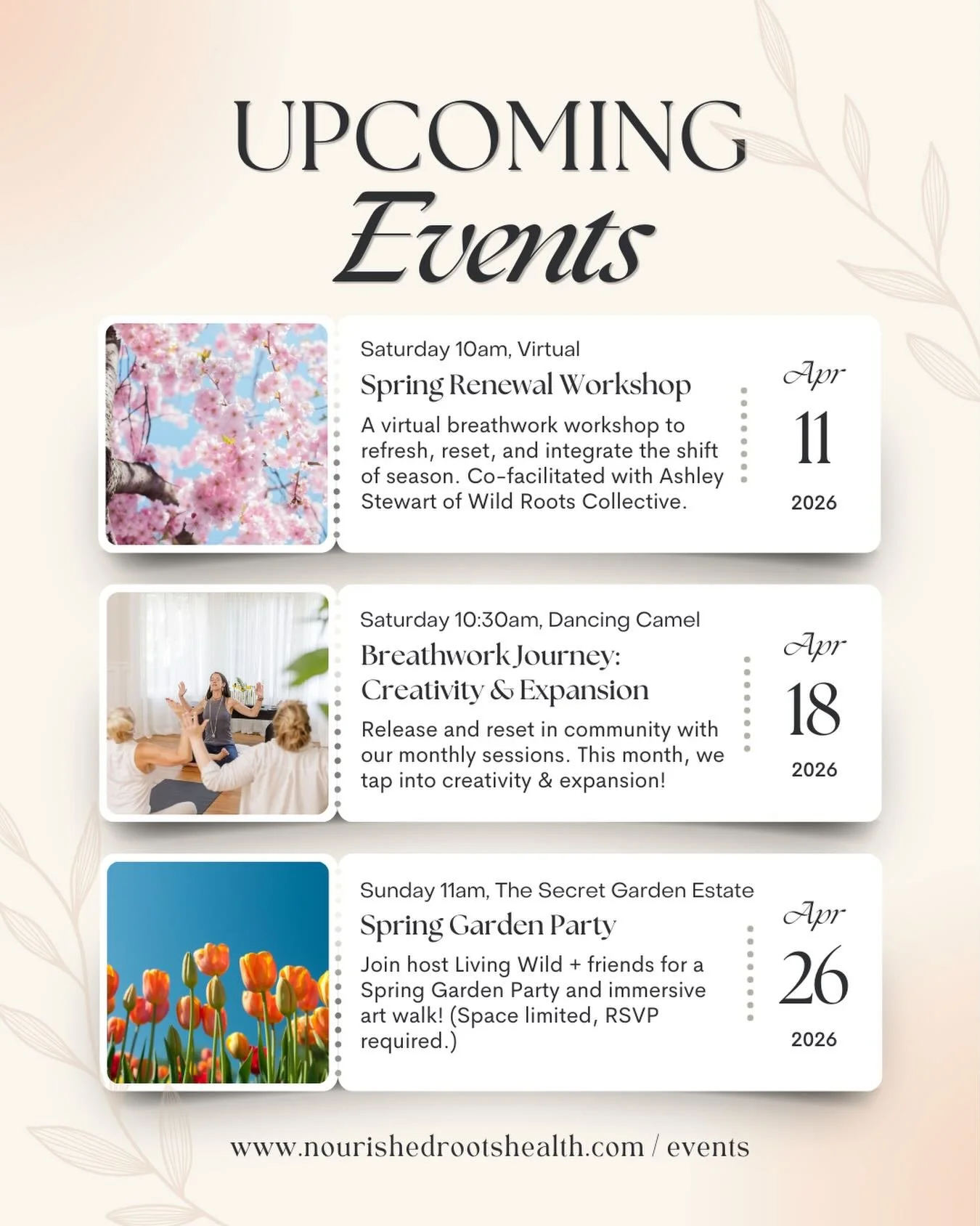 🌷APRIL EVENT CALENDAR🌷

Spring has officially sprung and the events are popping off here at NRH!

Grab your calendars, save or screenshot this post, and make sure you save your seats quick, because i have a feeling these are going to sell out. 🔥

