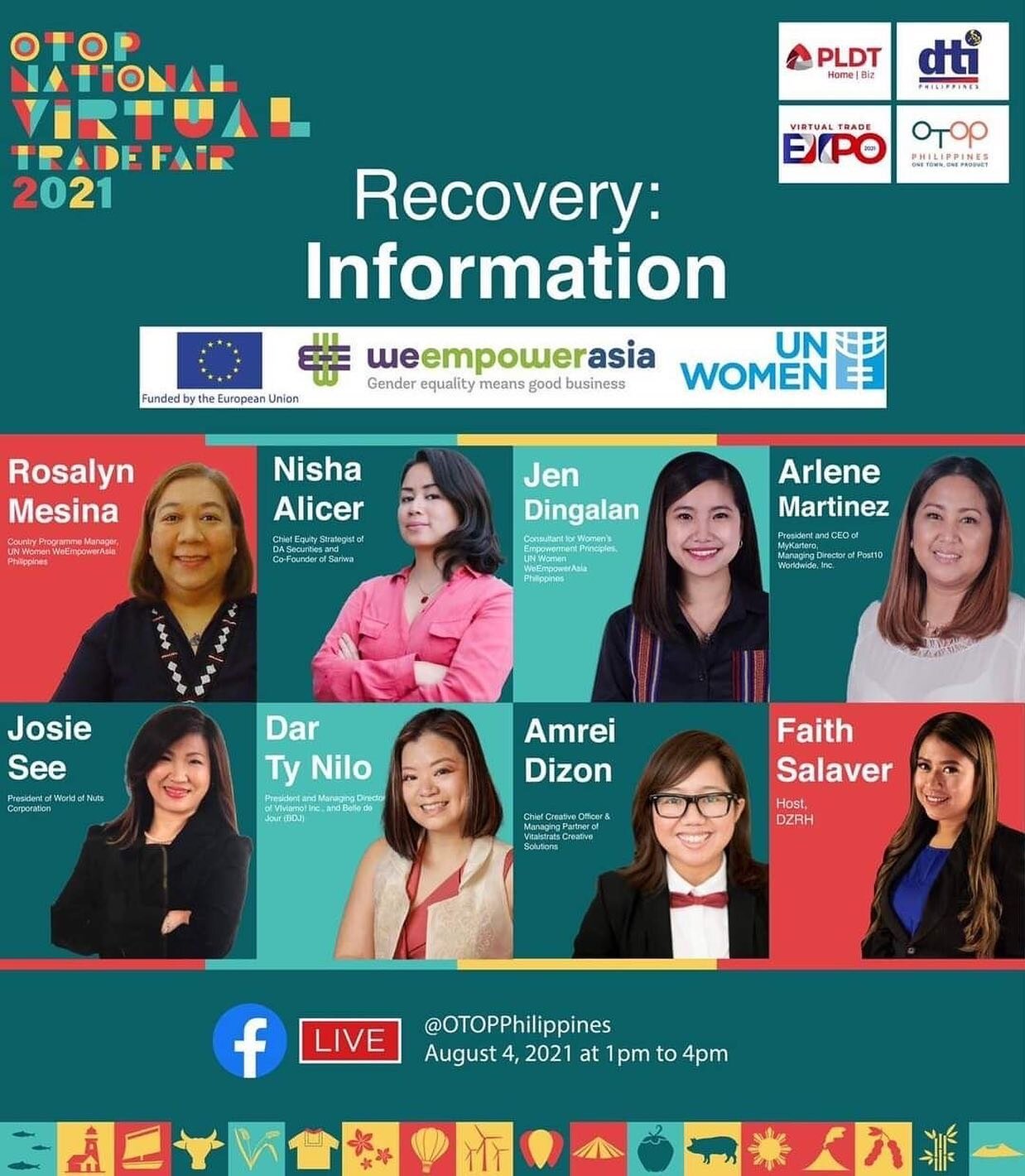 Get to know more information on our road to recovery through this pandemic!

During the third day of the OTOP National Virtual Trade Fair 2021, know the business trends to watch out for and join our panel discussion on Women Entrepreneur Resiliency f