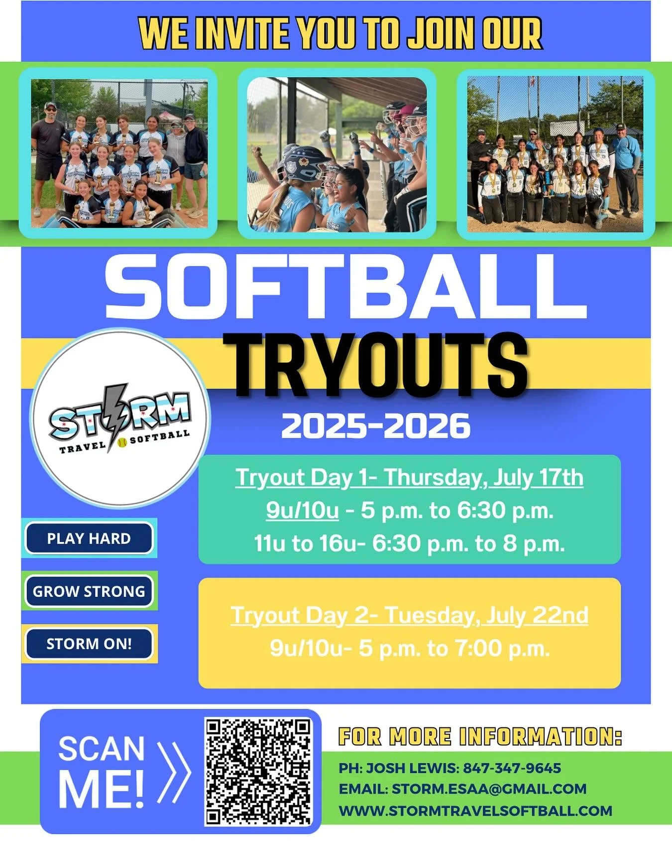 Storm Travel Softball Tryouts – Day 1 & Day 2 Coming Up! 🌪️🥎
Tryout season is here, and we’re ready to see what you’ve got!
🗓️ Day 1: Thursday, July 17th: 9U-16U
🗓️ Day 2: Tuesday, July 22nd: 9U/10U
📍 Edgebrook Park, Chic