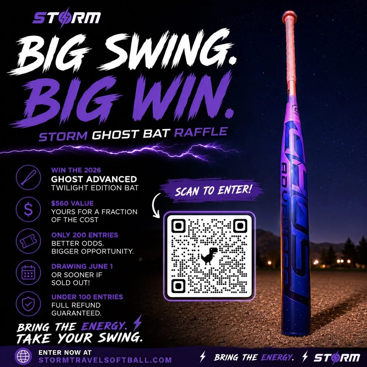 Big Swing. Big Win. ⚡️

We&rsquo;re giving away a 2026 Ghost Advanced Twilight bat 🥎👀) 

💥 $560 value
💥 Only 200 entries 
💥 Better odds than most raffles 

Drawing happens June 1 (or sooner if we sell out 👀) 

If we don&rsquo;t hit 100 entries 