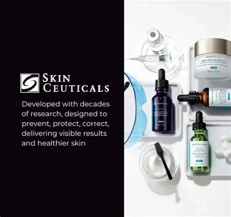Skinceuticals skincare products including a dropper bottle, a cream jar, a serum bottle with dropper, a rollerball serum, a syringe applicator, and a facial roller, arranged on a white background.