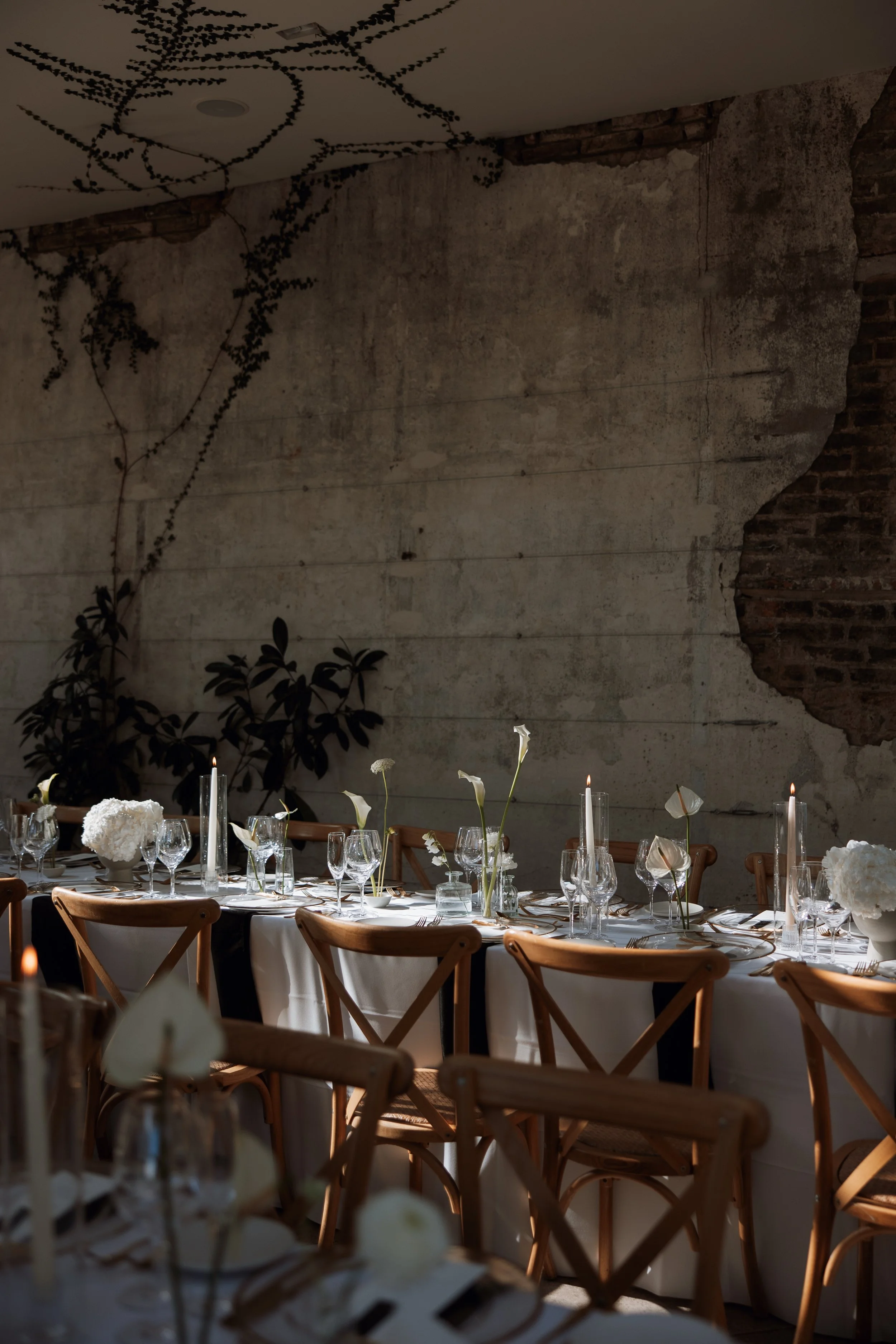 Stylish wedding tablescape at Middleton Lodge Fig House with contemporary monochrome decor