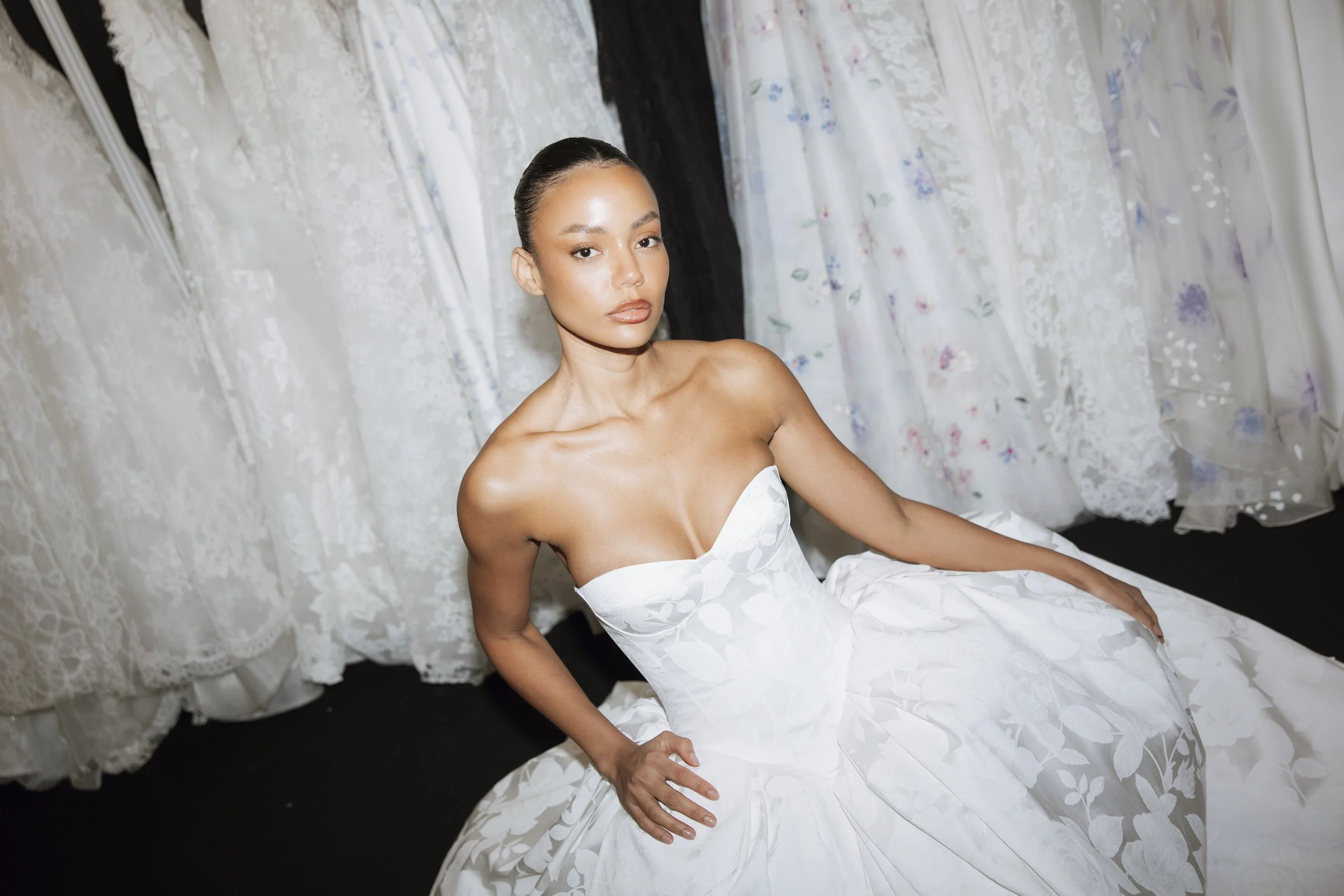 Modern bridal fashion captured at London Bridal Fashion Week 2026 with a refined, editorial aesthetic