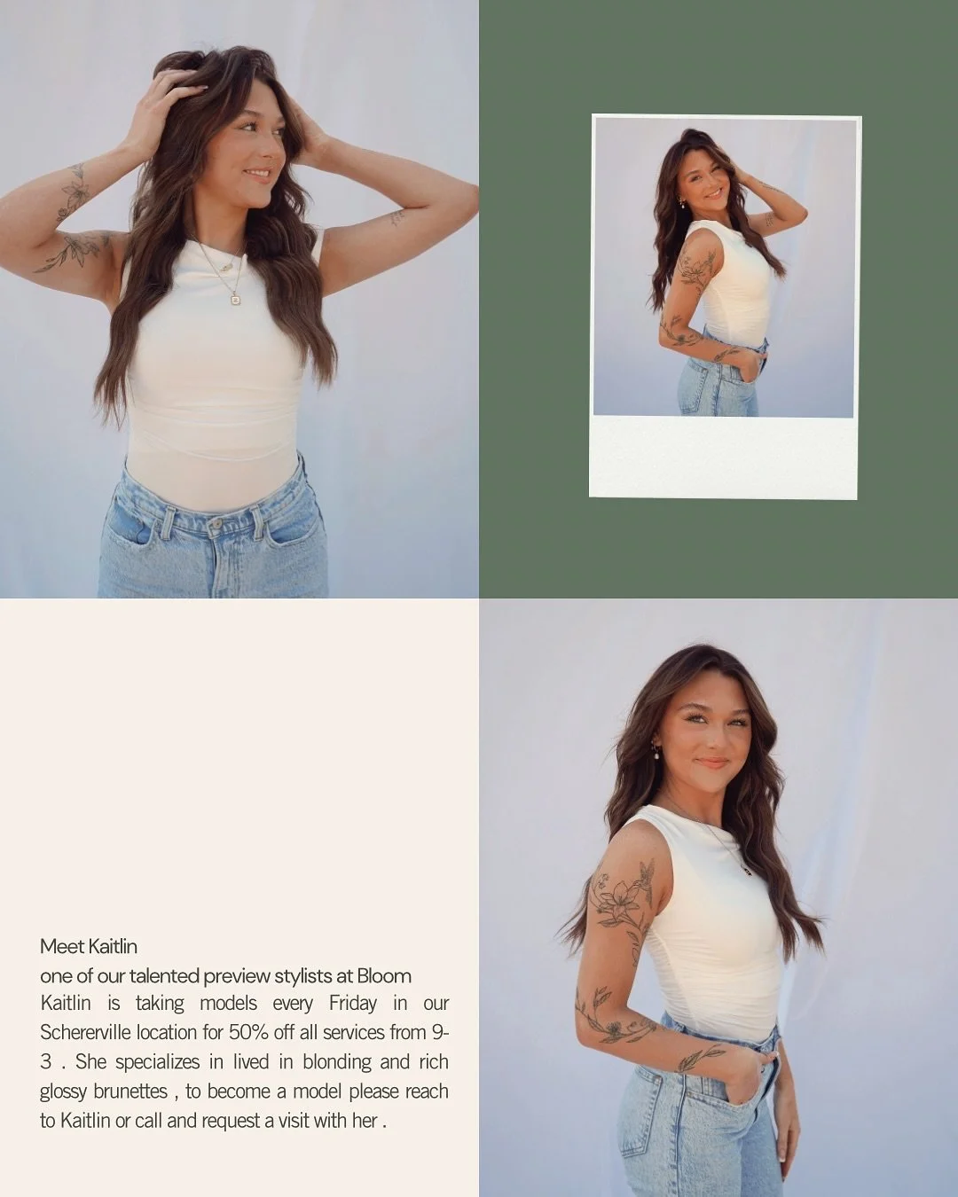 MODEL OPPORTUNITIES ✨
Meet Kaitlin! Kaitlin is one of Bloom&rsquo;s preview stylists going through our FLOURISH training program and is now taking models at a limited 50% off special on all hair services. She&rsquo;s available to request for model op