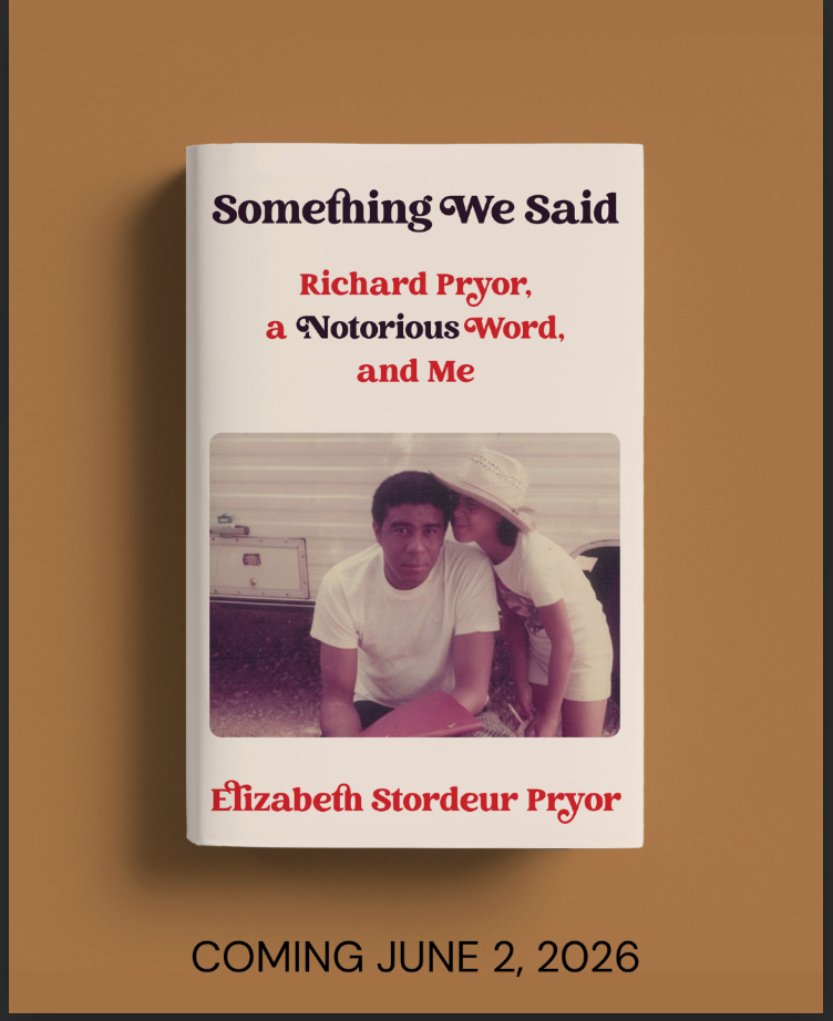 A book cover titled "something We Said" by Elizabethh Stordeur Pryor featuring a photograph of a young man in a white t-shirt and a girl with a wide-brimmed hat whispering to him, with the release date of June 2, 2026.