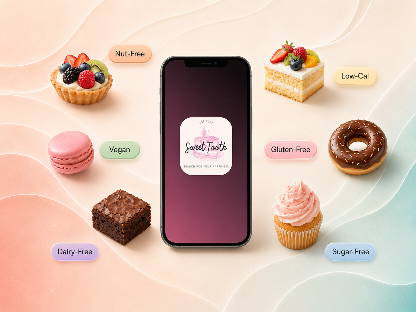 Sweet Tooth mobile app project surrounded by desserts and dietary preference labels.