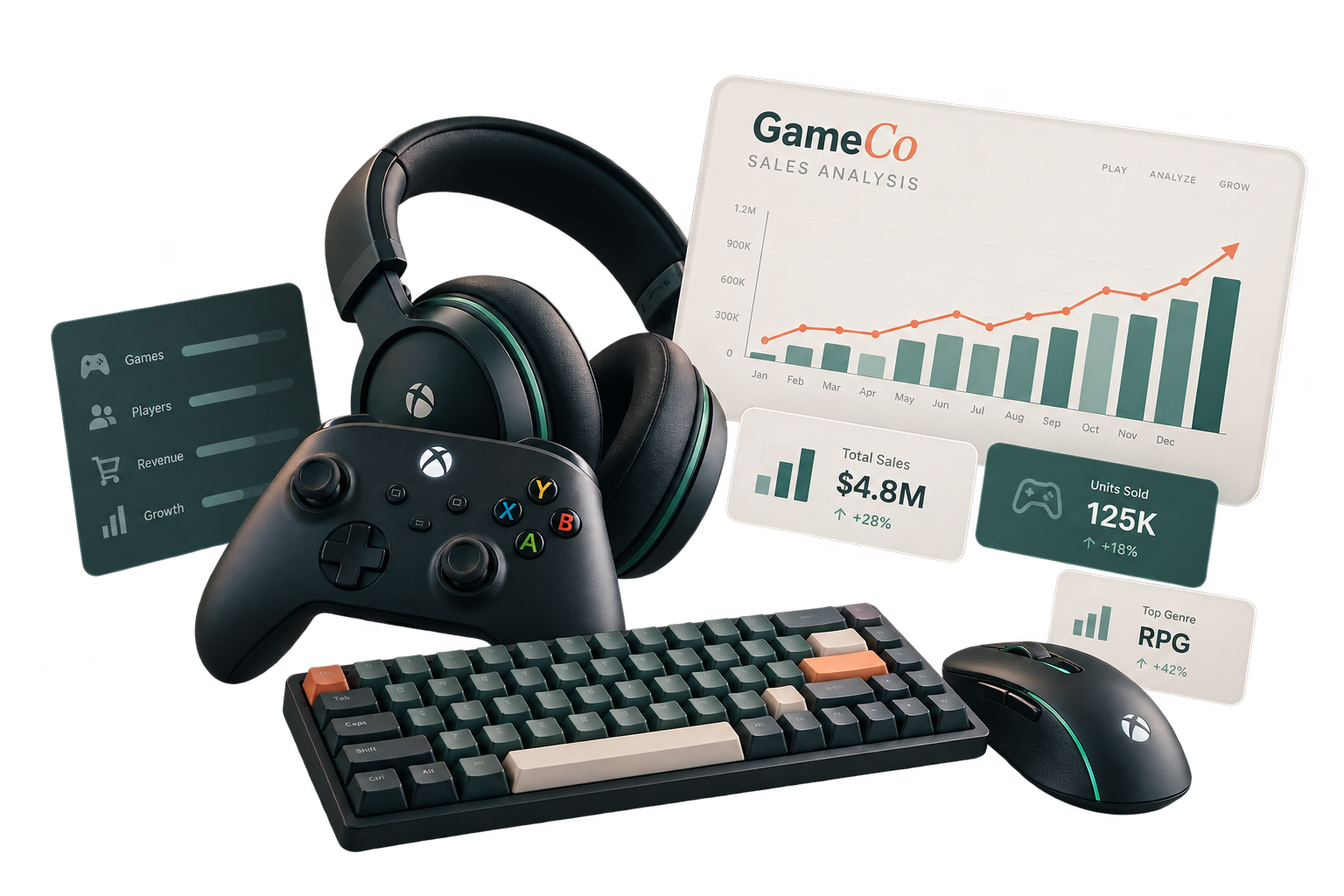 GameCo Sales Analysis project image combining gaming equipment with sales data charts.