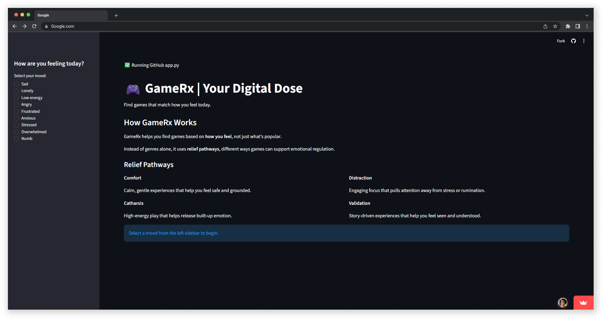 GameRx interface showing a mood-based game recommendation experience.