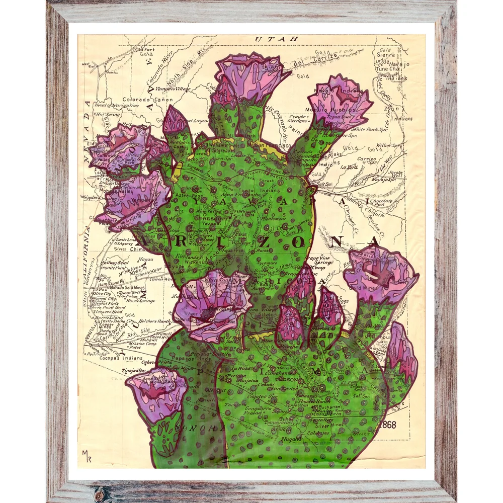Flowering Prickly Pear Cactus Wall Art Print - 8 x 10  Meishlish -  Handcrafted Map Art