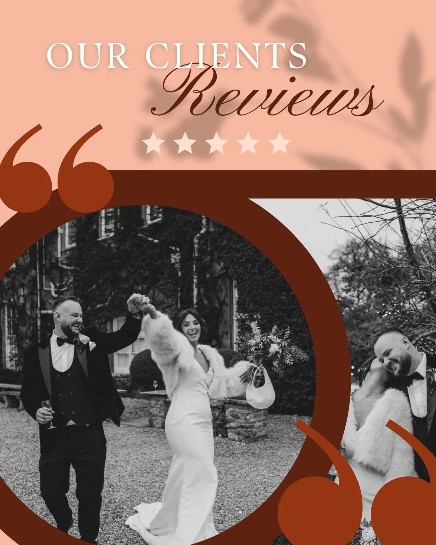 A wedding couple dancing and celebrating outdoors with black-and-white photos, overlaid with decorative elements and text that reads "Our Clients Reviews" with a 5-star rating, on a peach-colored background. Hampshire & Fleet Indian & Nepalese GuruJi