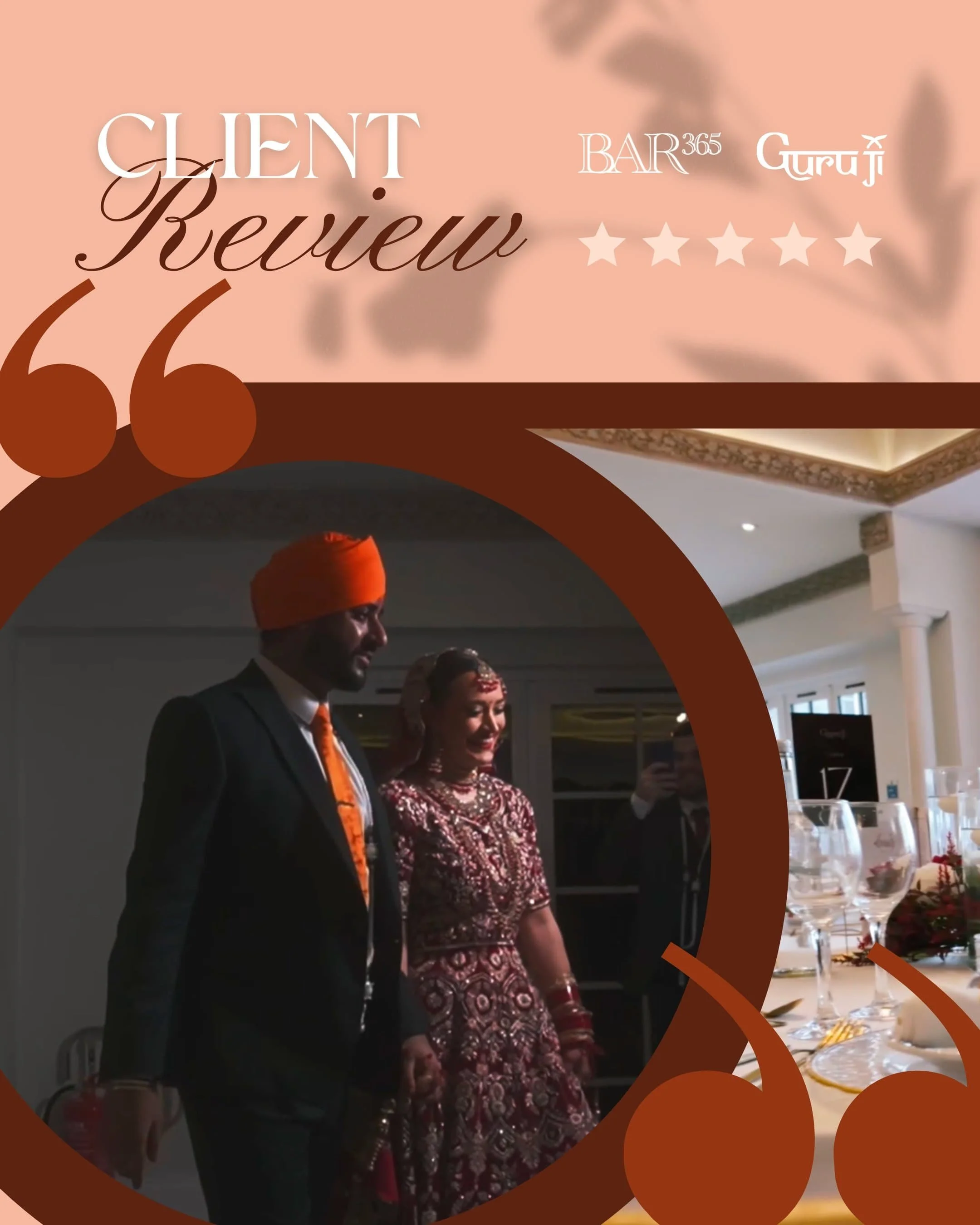 A couple dressed in traditional Indian wedding attire holding hands at their wedding reception, with a decorated dining table nearby. Hampshire & Fleet Indian & Nepalese GuruJi Guru-Ji restaurant. Hampshire & Fleet Indian & Nepalese GuruJi Guru-Ji re