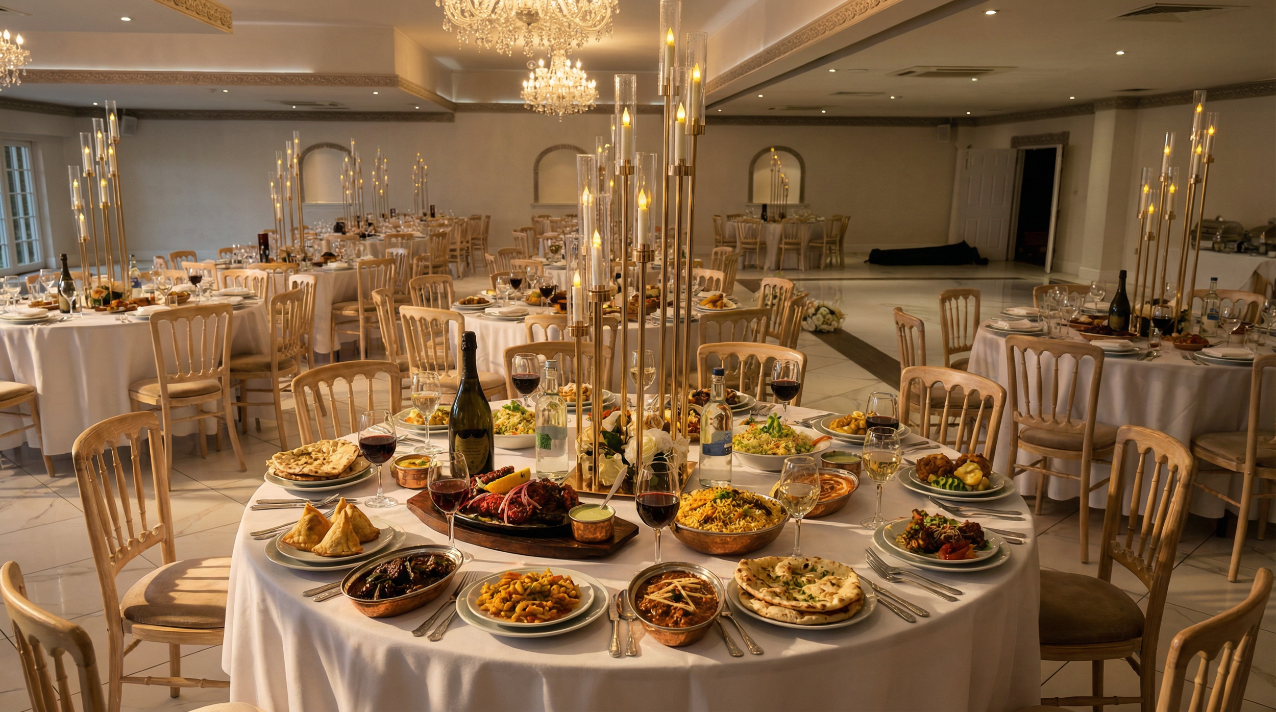A wedding photo of a bride in a white gown with jewelry and a groom in a black tuxedo seated in a decorated room. Hampshire & Fleet Indian & Nepalese GuruJi Guru-Ji restaurant