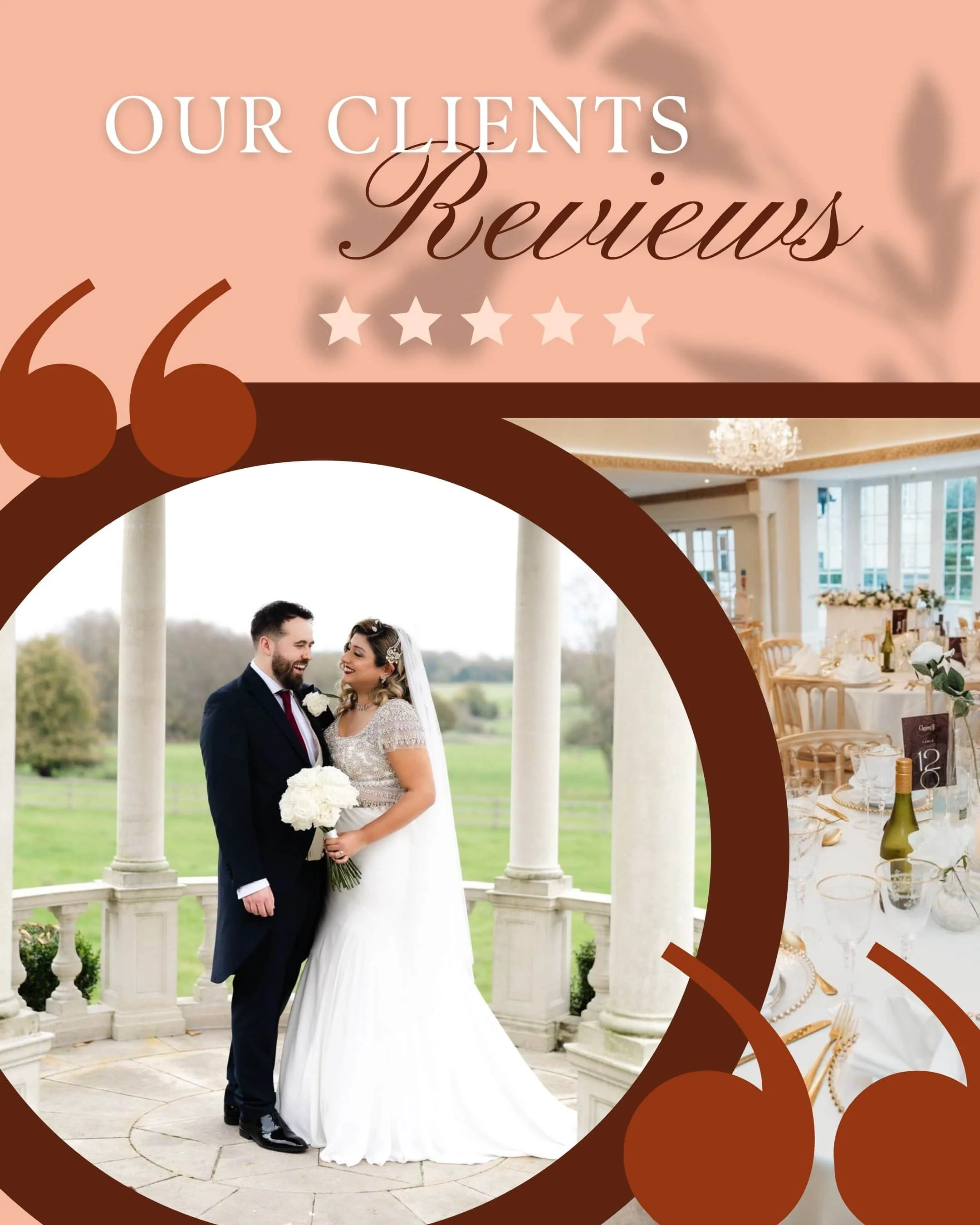 Wedding couple standing outdoors on a balcony with columns, smiling and holding a bouquet of white flowers, with a lush green landscape in the background. The image is part of a poster or graphic with the text 'Our Clients Reviews' and a 5-star rating, with a decorative brown frame around the photo.