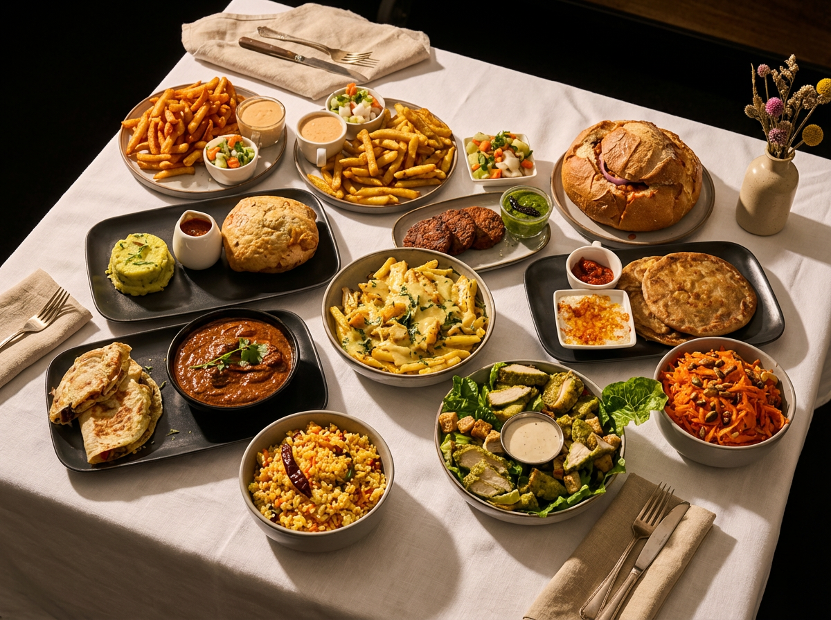 A variety of Number One Indian and Western dishes on a table, including rice, pasta, bread, salad, fries, dipping sauces, and a large bread bowl. A small flower vase with flowers is on the side.