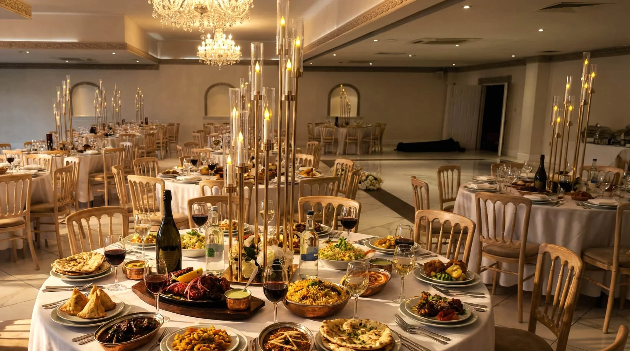 A wedding photo of a bride in a white gown with jewelry and a groom in a black tuxedo seated in a decorated room. Hampshire & Fleet Indian & Nepalese GuruJi Guru-Ji restaurant