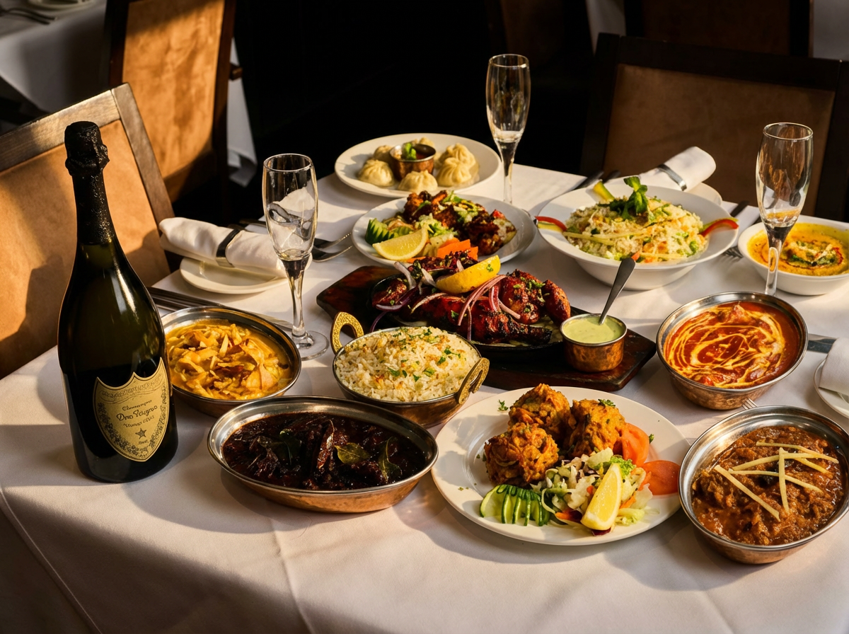 Premium Table set with Indian cuisine dishes, champagne bottle, empty glasses, and cutlery.