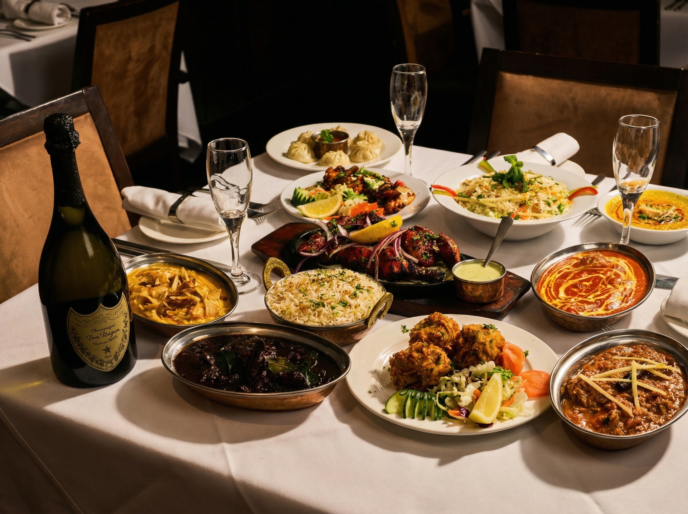 A table set for a premium banquet with various Indian dishes, including curry, rice, tandoori chicken, vegetables, and a bottle of champagne.