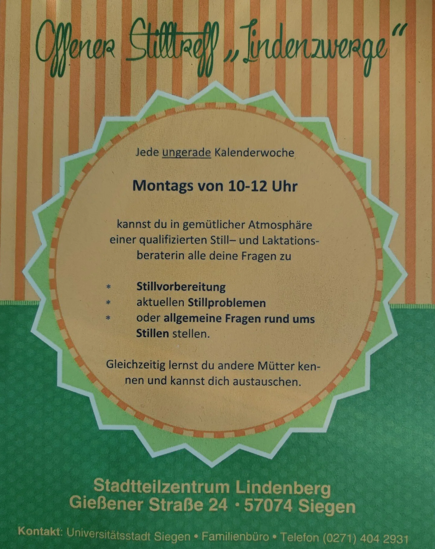 Hallo ihr Lieben,
jede ungerade Kalenderwoche, biete ich Montags von 10 bis 12h, einen offenen Stilltreff beim Eltern-Kind-Caf&eacute; Lindenbl&uuml;te am Lindenberg an. 

Dort kannst du in ruhiger entspannter Atmosph&auml;re fragen zur Stillvorberei