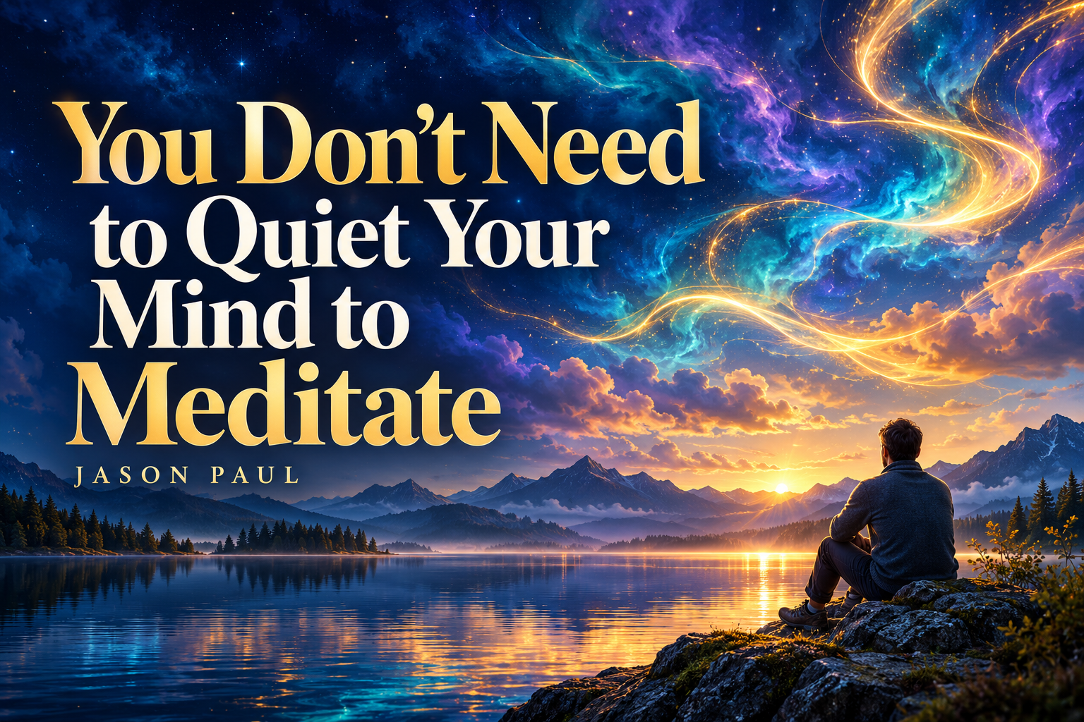 A man sits on a rock beside a lake at sunrise, watching swirling golden light across a starry sky, under the title You Don't Need to Quiet Your Mind to Meditate