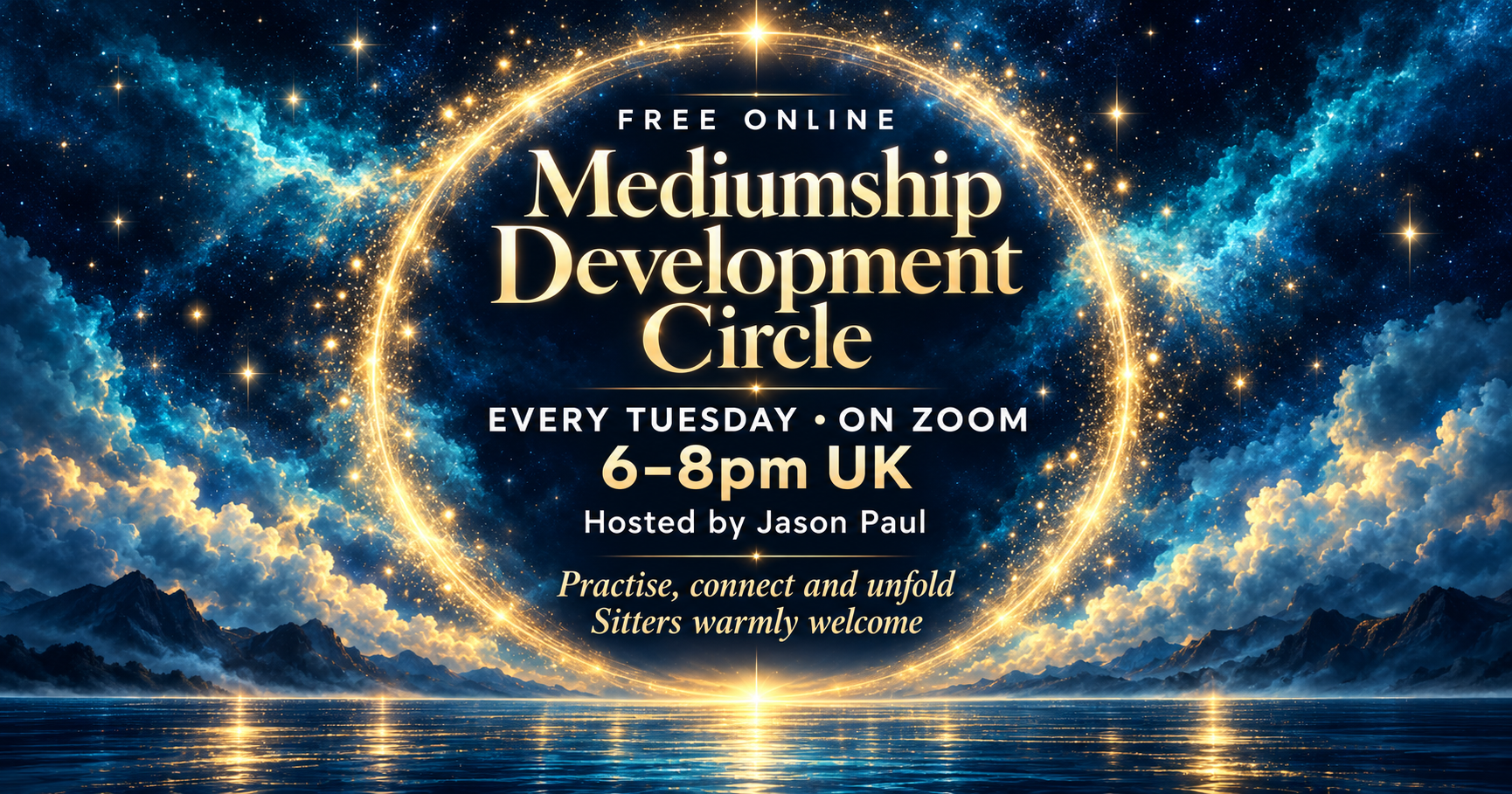 Promotional graphic for a free online Mediumship Development Circle on Zoom every Tuesday, 6–8pm UK time, hosted by Jason Paul.