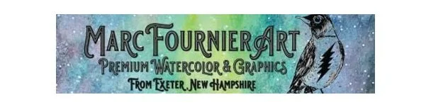 Banner promoting Marc Fournier Art, featuring premium watercolor and graphics from Exeter, New Hampshire, with a background of colorful abstract watercolor and an illustration of a bird.