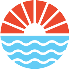 Red and blue sun and sea logo with rays