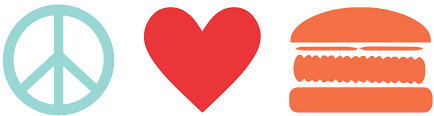 Peace symbol, red heart, hamburger icon in sequence.