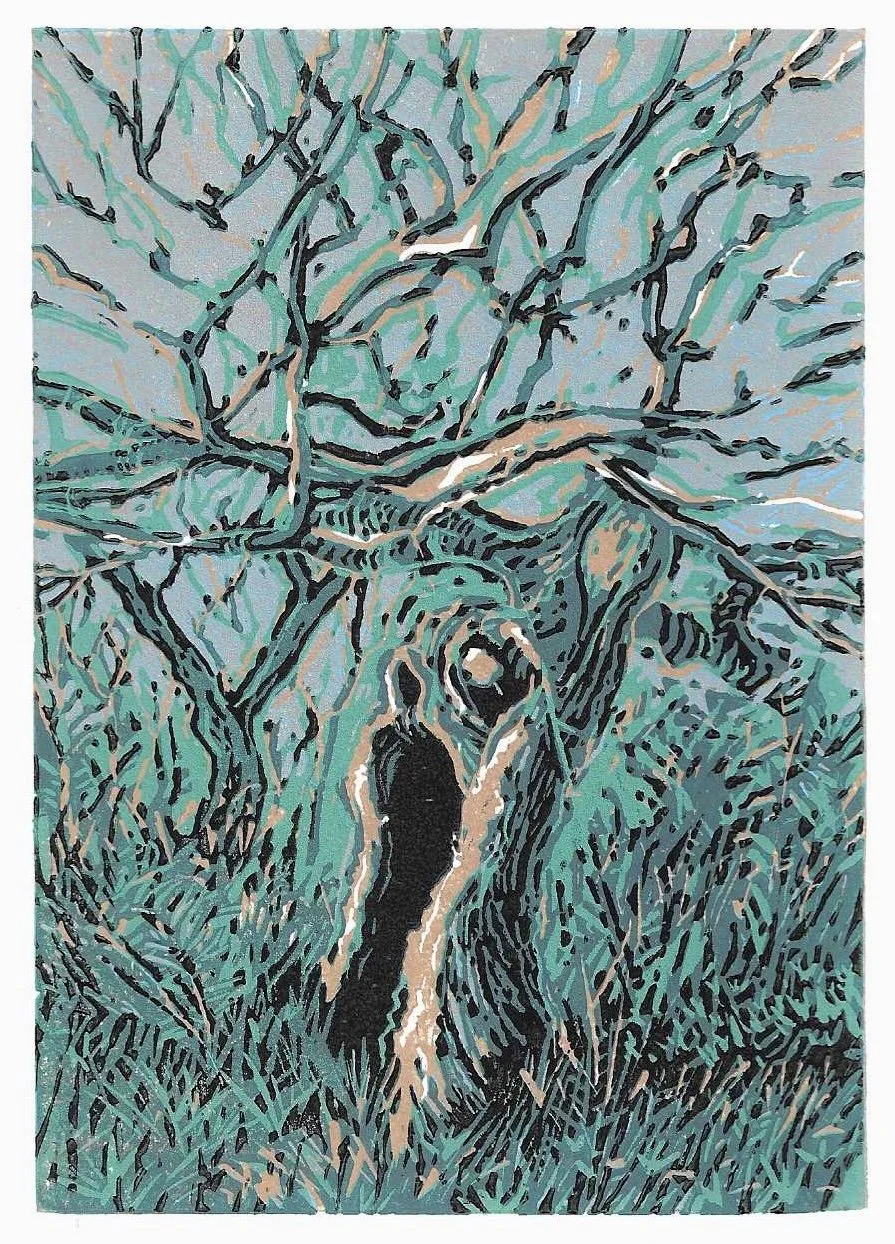 'The Midsummer Tree, Broadwater, Sussex', limited edition Linocut print, 105x148mm, 2025