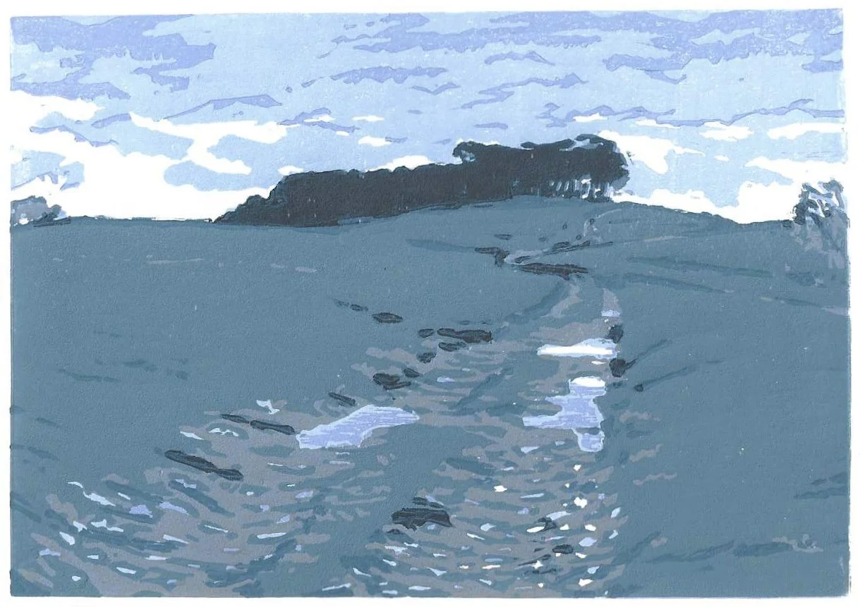 'Chanctonbury Ring Seen from the West', limited edition Linocut print, 148x105mm, 2025