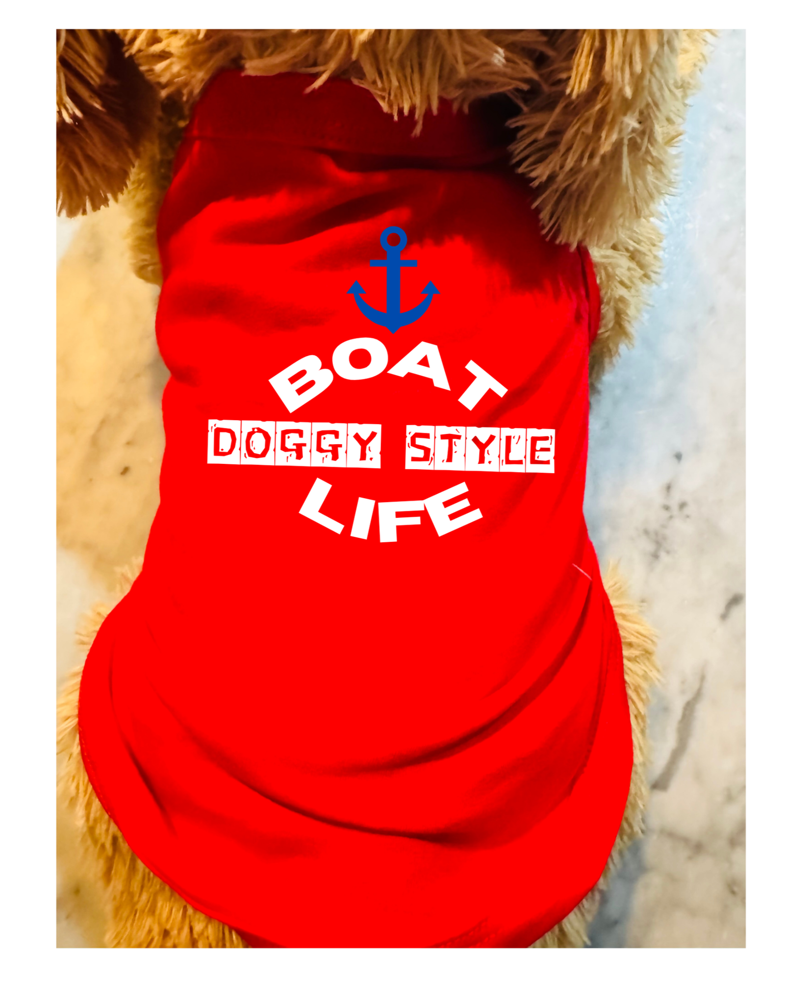 Funny pet lover t-shirt with the phrase ‘Boat Life Doggie Style" designed for dog lovers