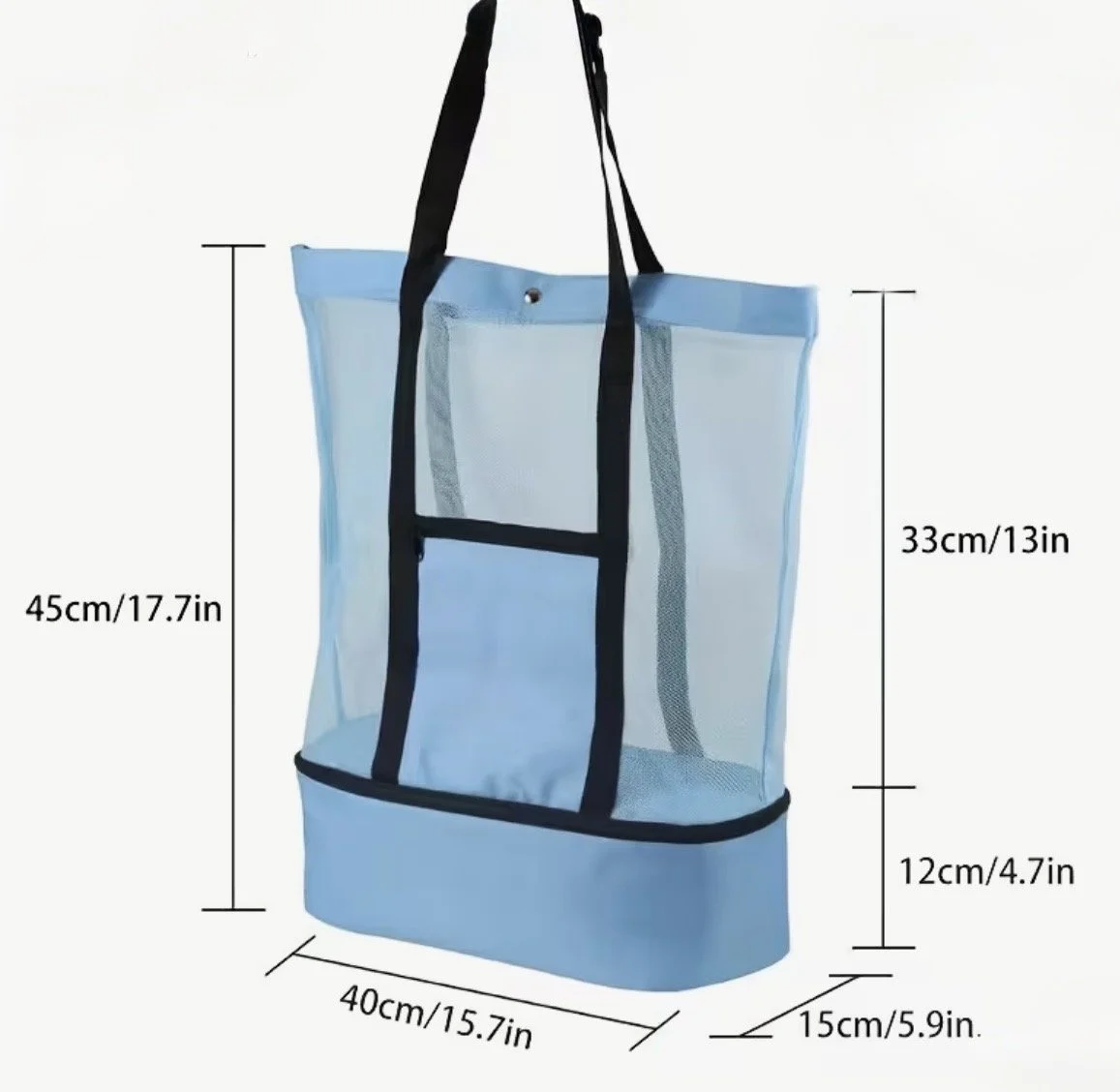 Blue mesh beach tote bag with separate bottom food compartment for snacks and drinks, ideal for lake trips, boating, beach days, and travel.