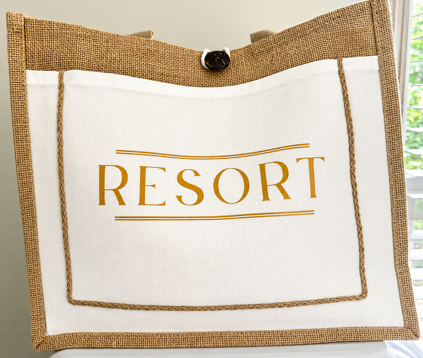 Natural woven jute tote bag collection featuring coastal and resort-inspired designs, perfect for lake life, beach vacations, boating, shopping, and travel.