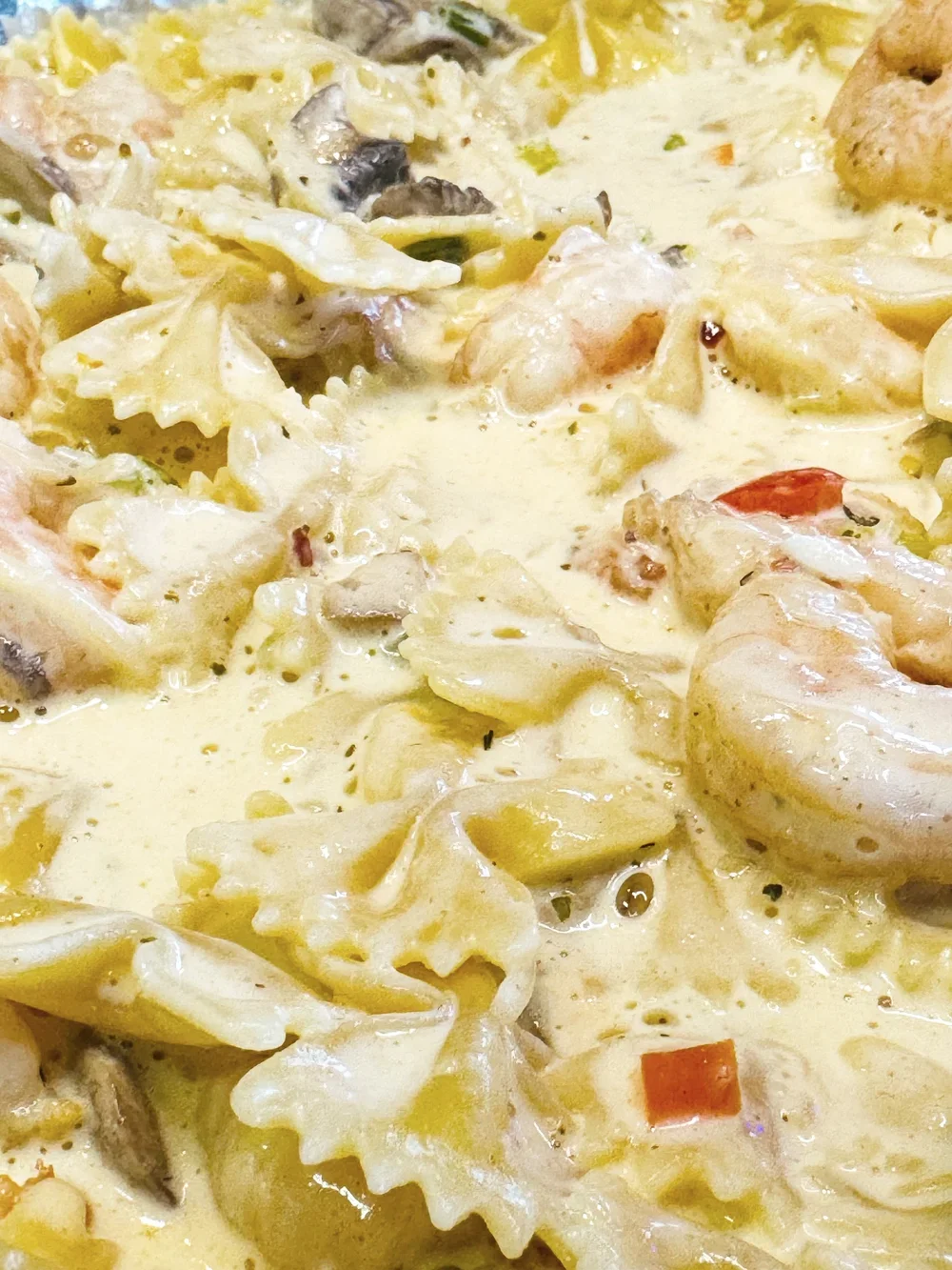 Tender shrimp mixed with pasta and homemade alfredo sauce
