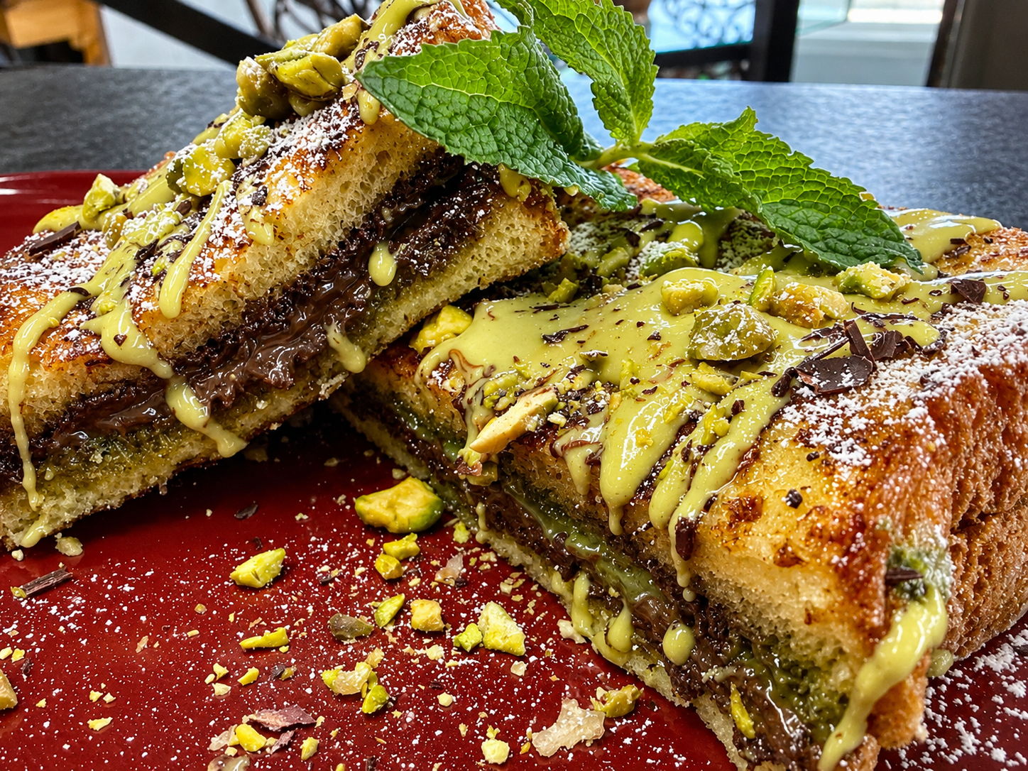 Pistachio stuffed brioche French toast topped with chocolate drizzle and crushed pistachios