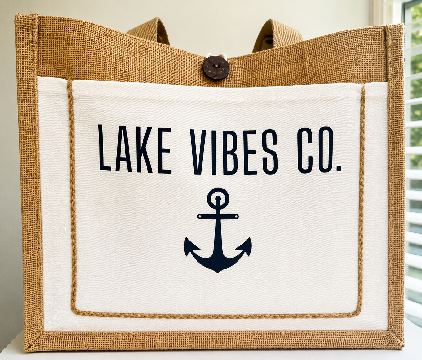 Natural woven jute tote bag collection featuring coastal and resort-inspired designs, perfect for lake life, beach vacations, boating, shopping, and travel.