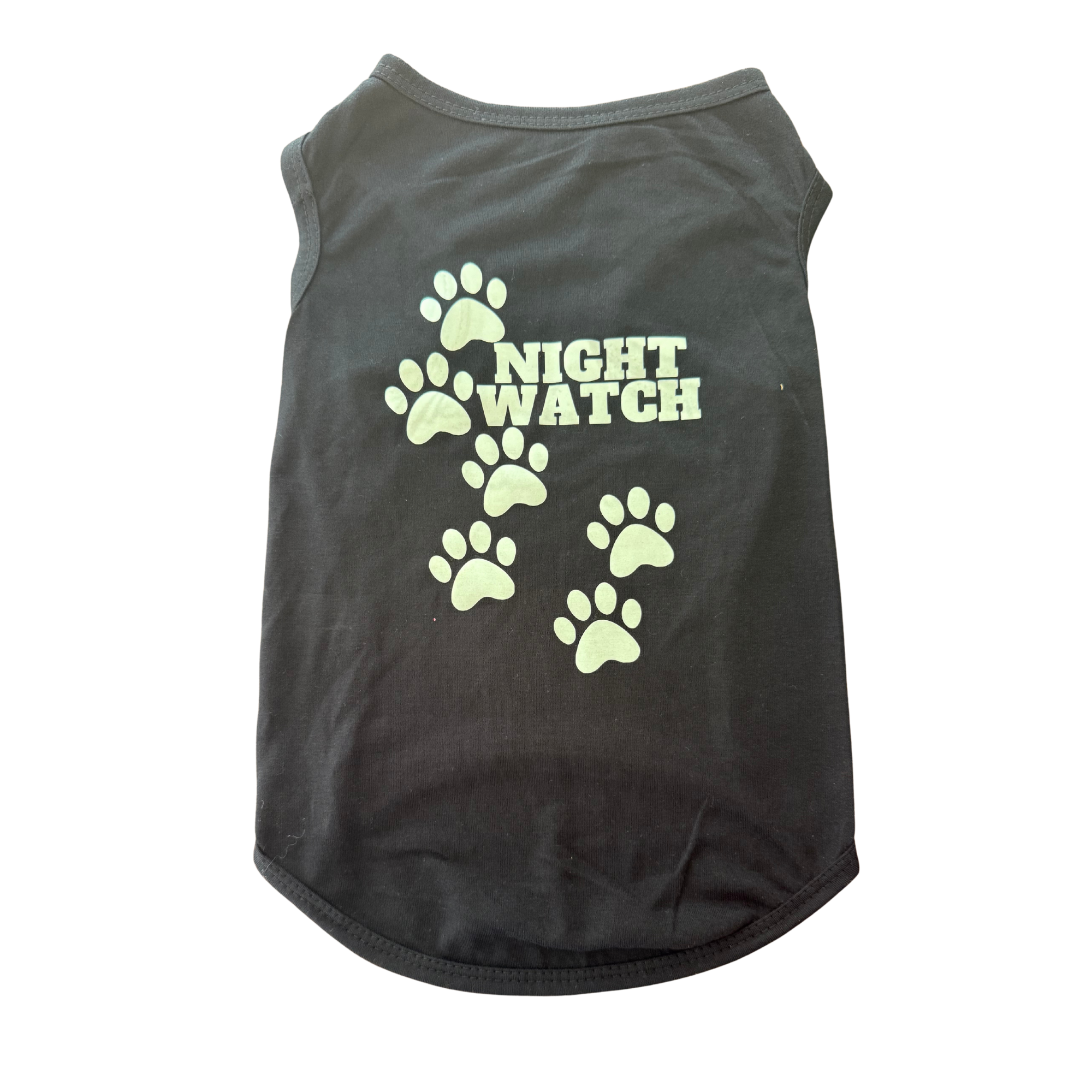 Black pet tee with luminous paw print trail and Night Watch text for dogs.