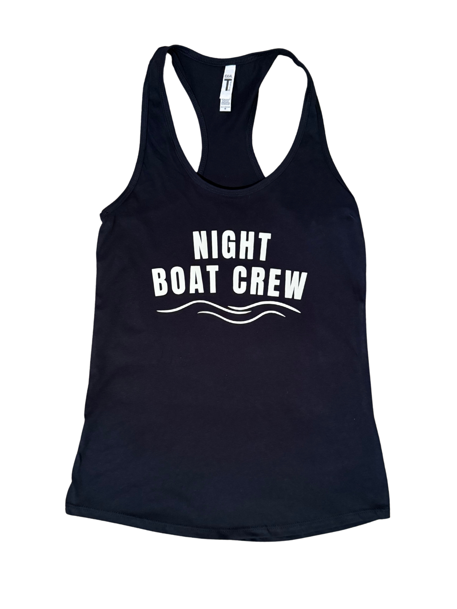 Women's Night Boat Crew racerback tank with glow-in-the-dark lettering and wave graphic, ideal for boating enthusiasts, lake weekends, marina gatherings, and nighttime cruises.