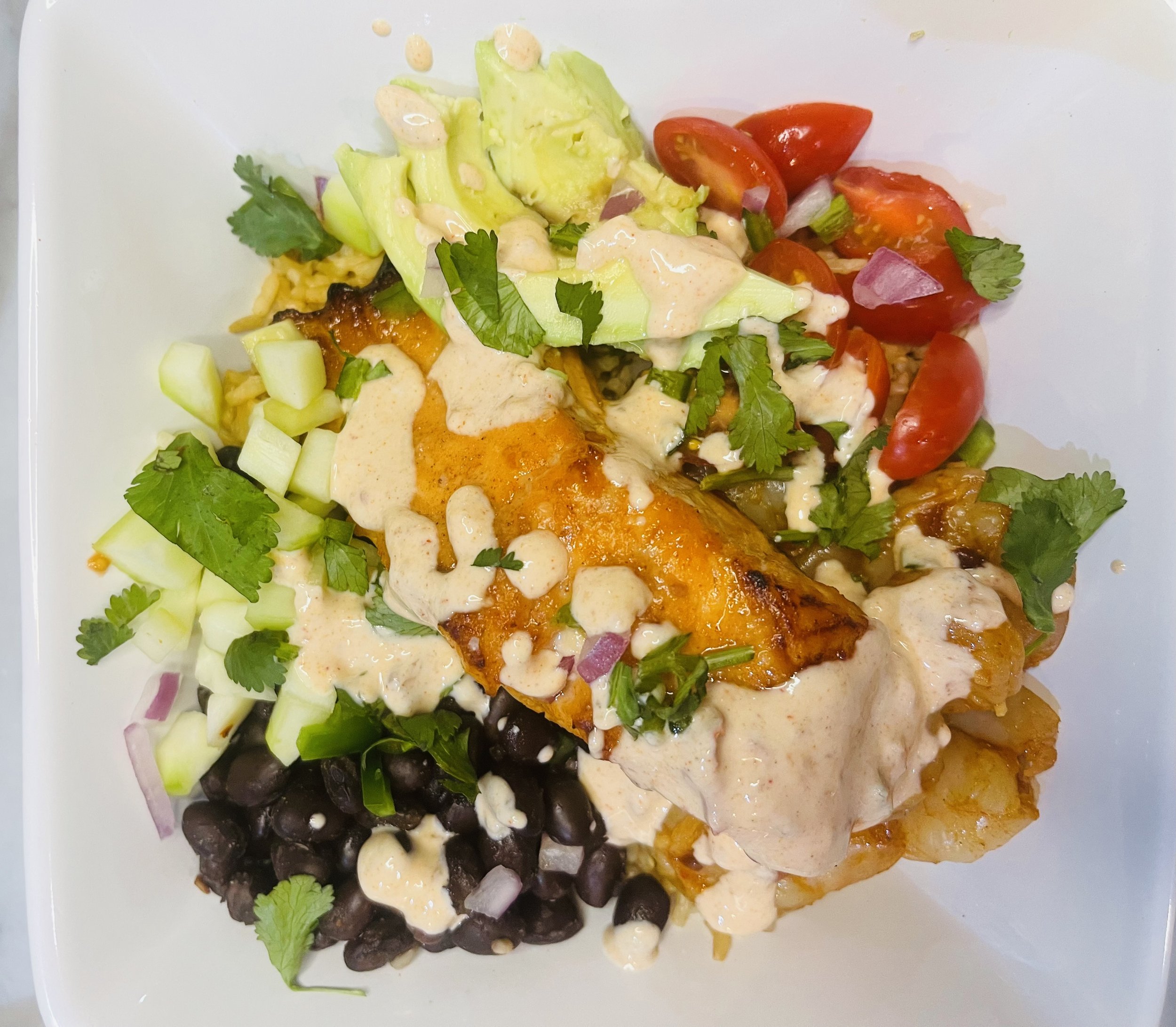 Sweet, smoky, Honey Chipotle Salmon and Shrimp Bowl