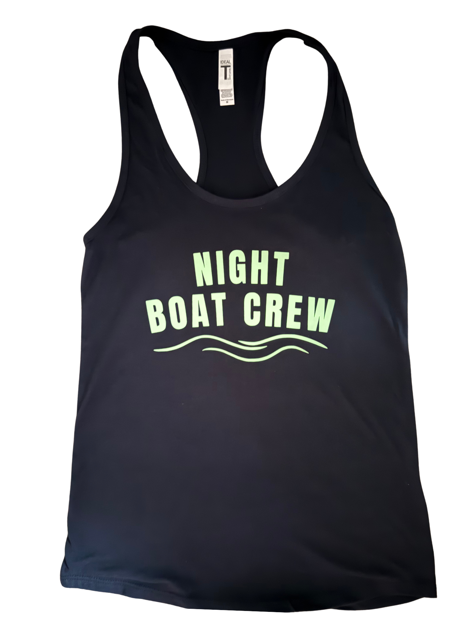 Navy blue ladies racerback tank top featuring a glowing Night Boat Crew design that shines after dark, perfect for lake lovers, boat crews, and dockside fun.