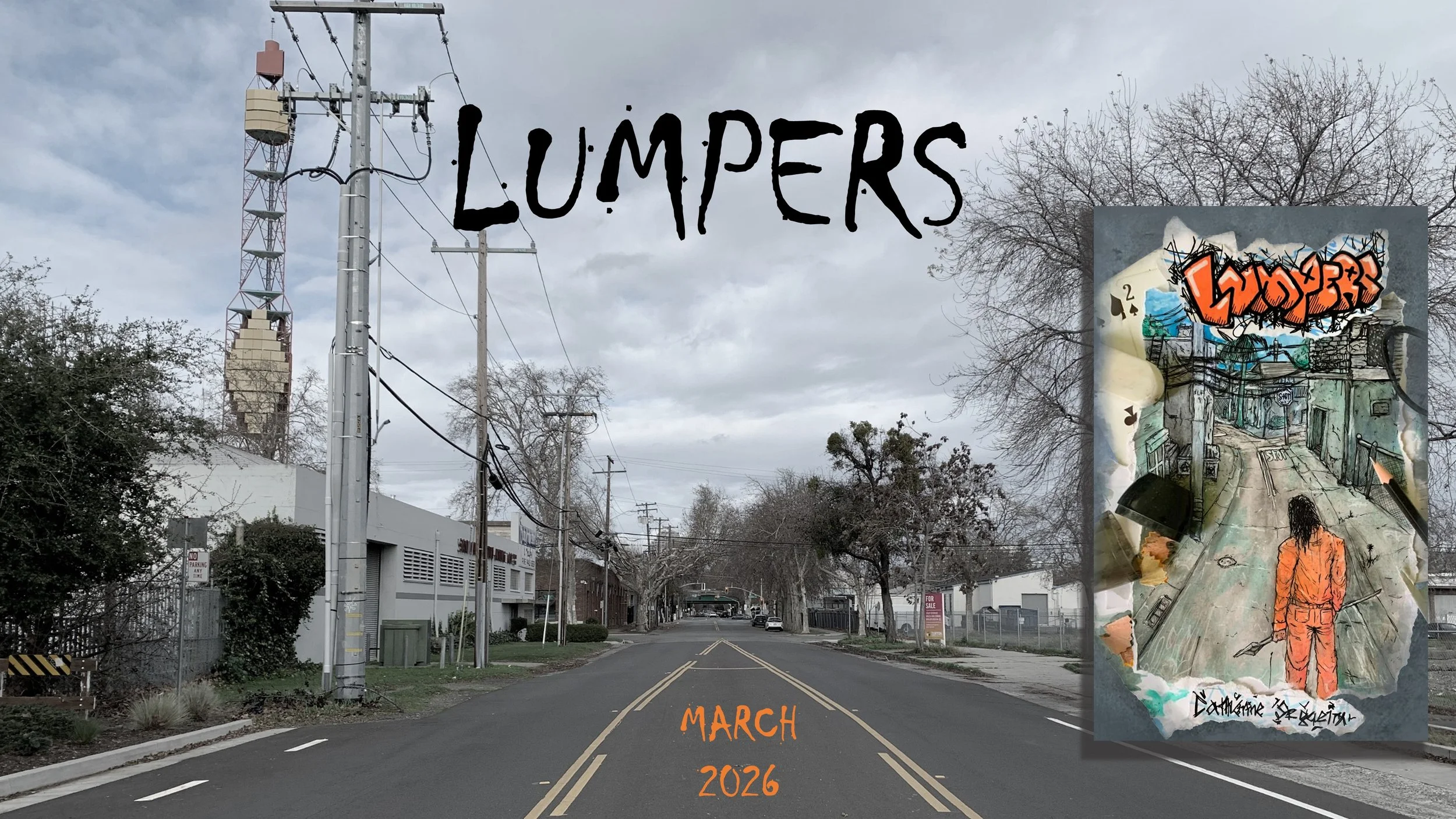 urban street with cover of book and book title