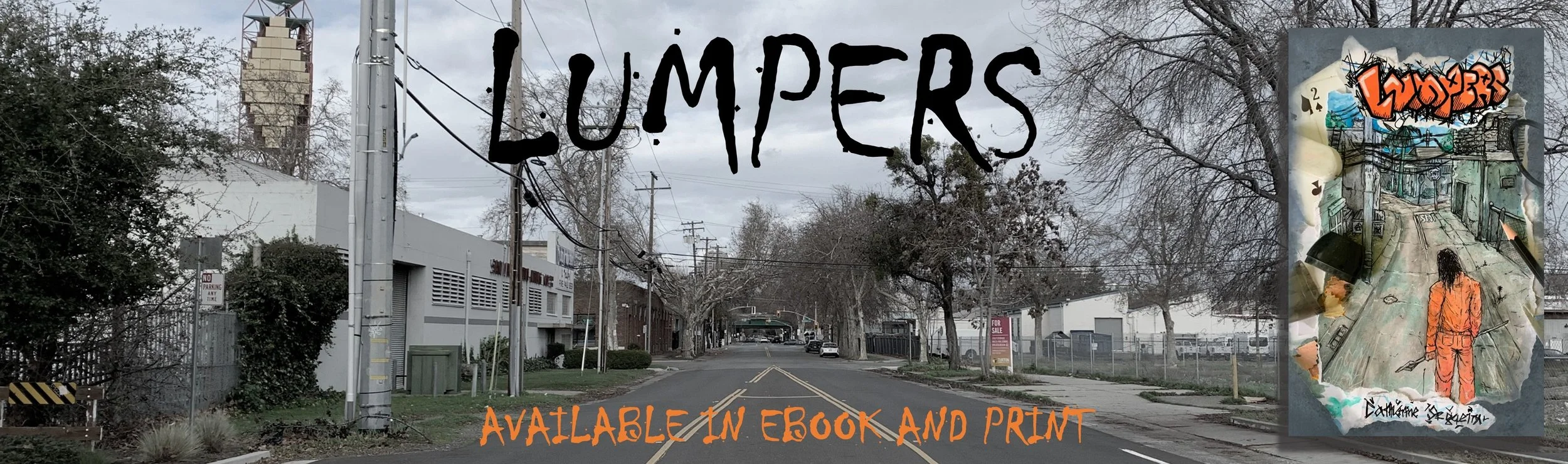 urban street with cover of book and book title