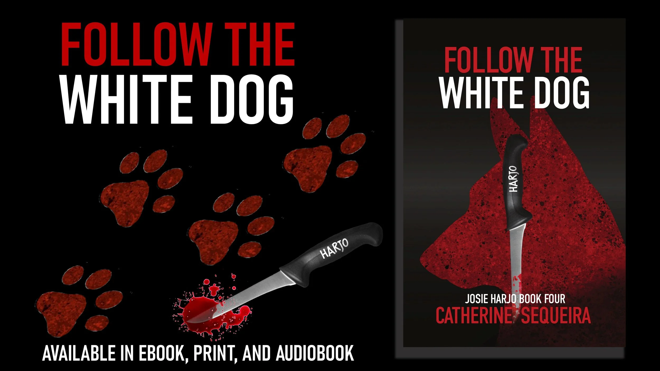 book title, bloody knife, bloody dog prints, and book cover