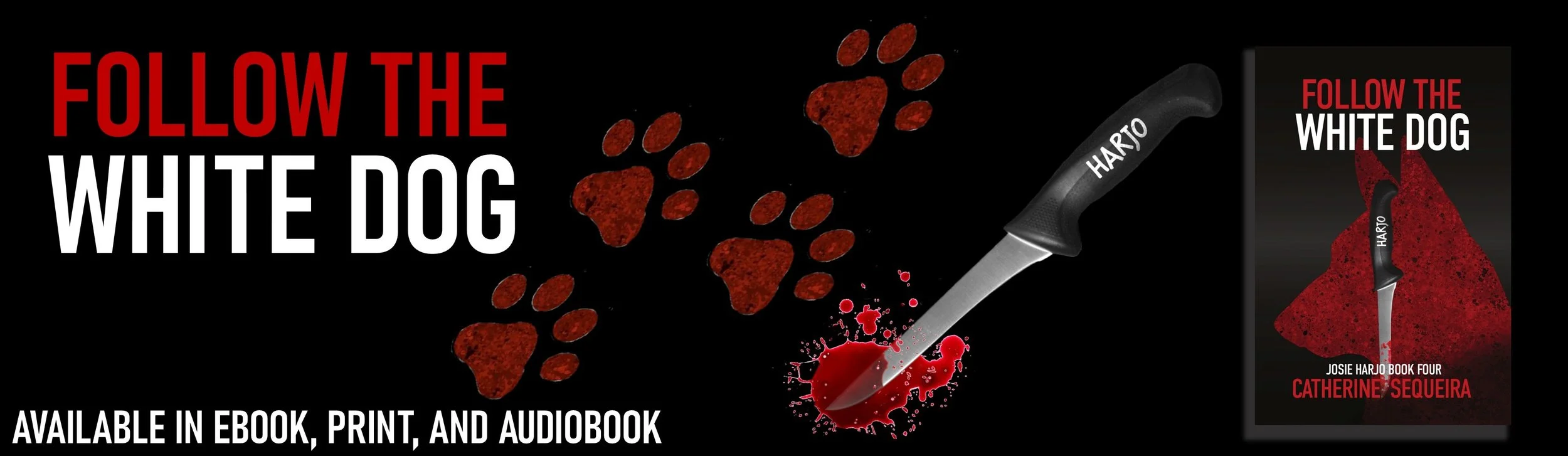 Book title, bloody knife, bloody dog prints, and book cover