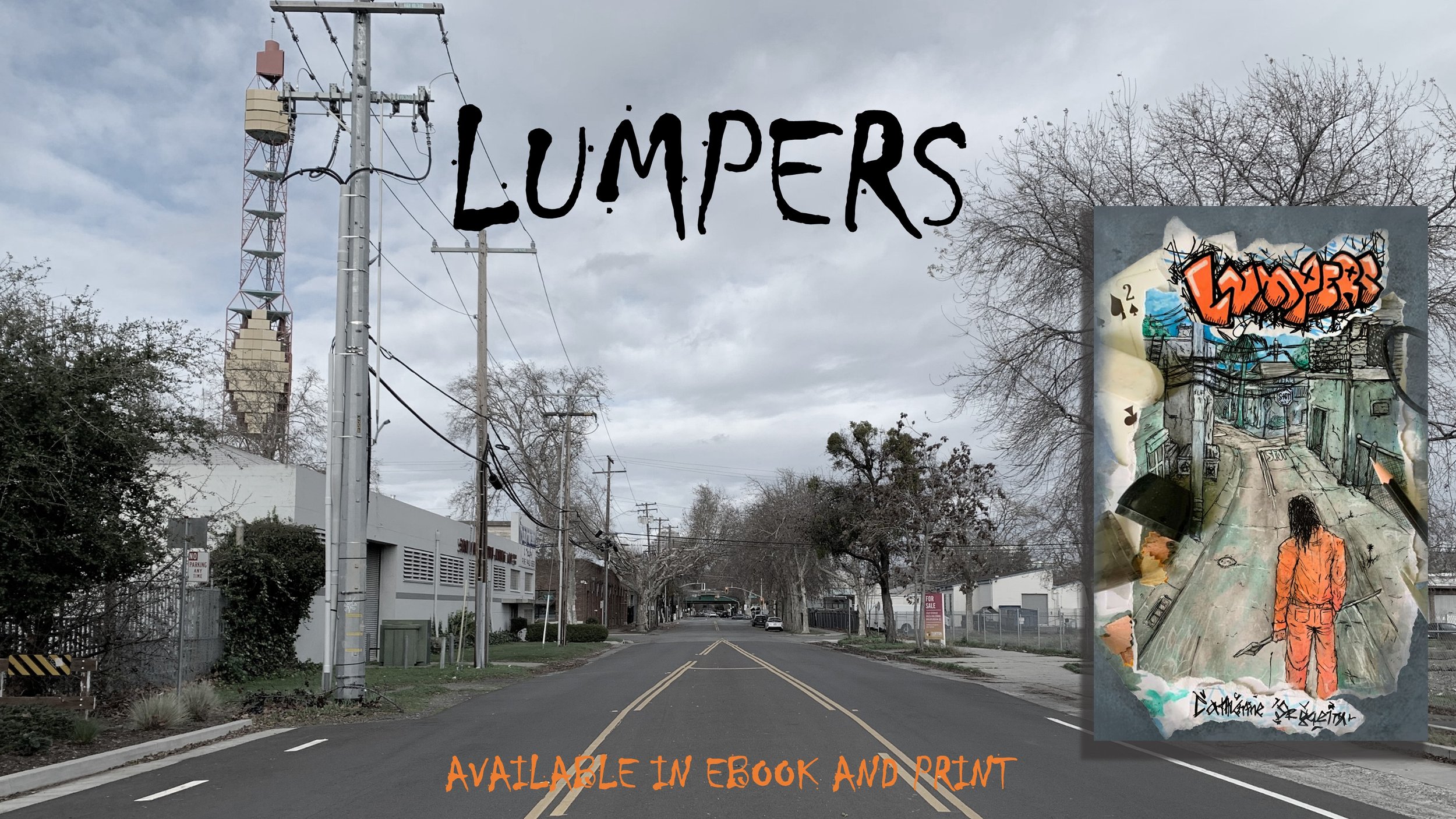 urban street with cover of book and book title