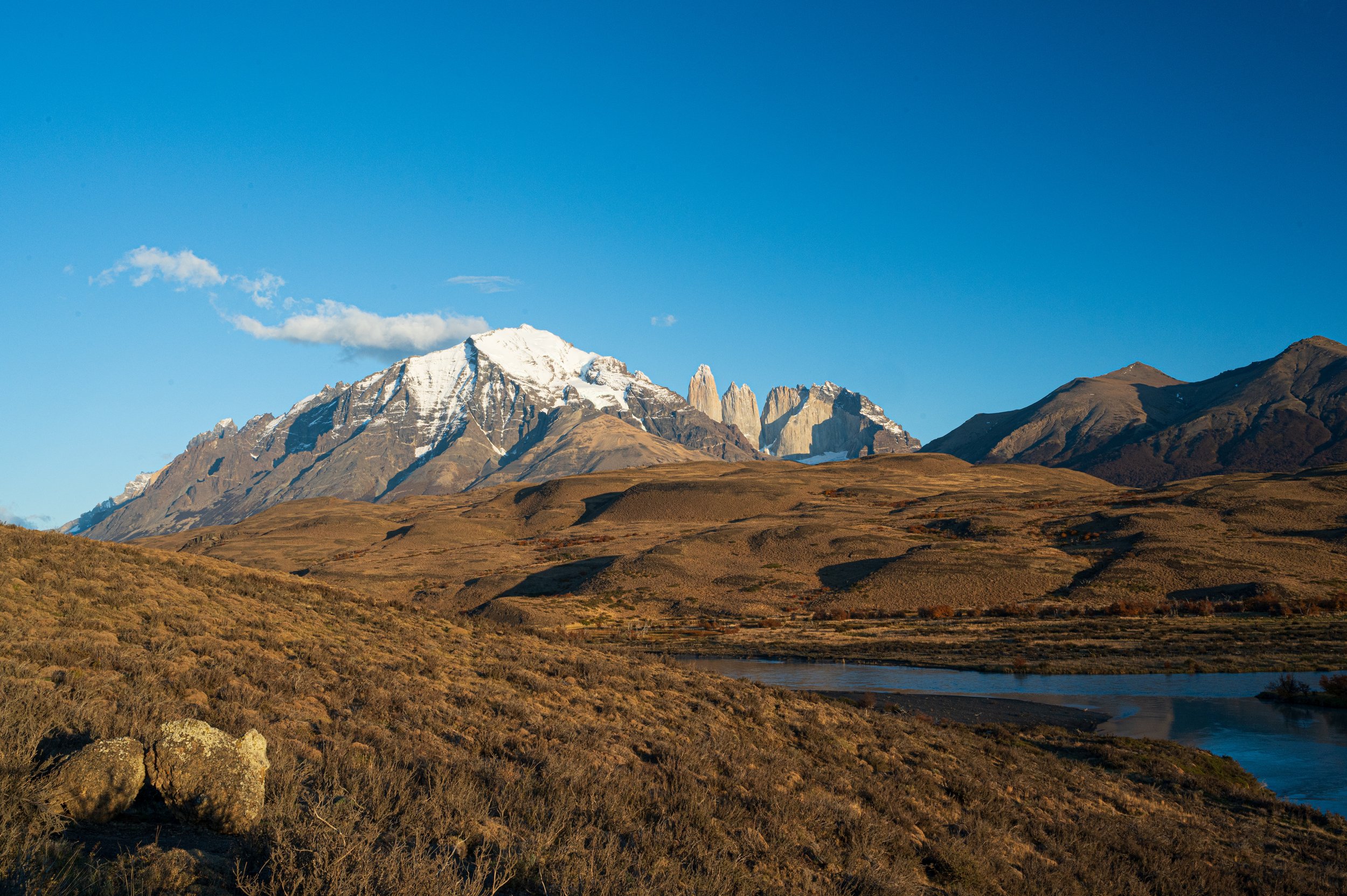 Torres del Paine with its iconic towers! "Paine" means "blue" in the words of the Tuehuelche people," referring to the blue color of granite when viewed from a distance.