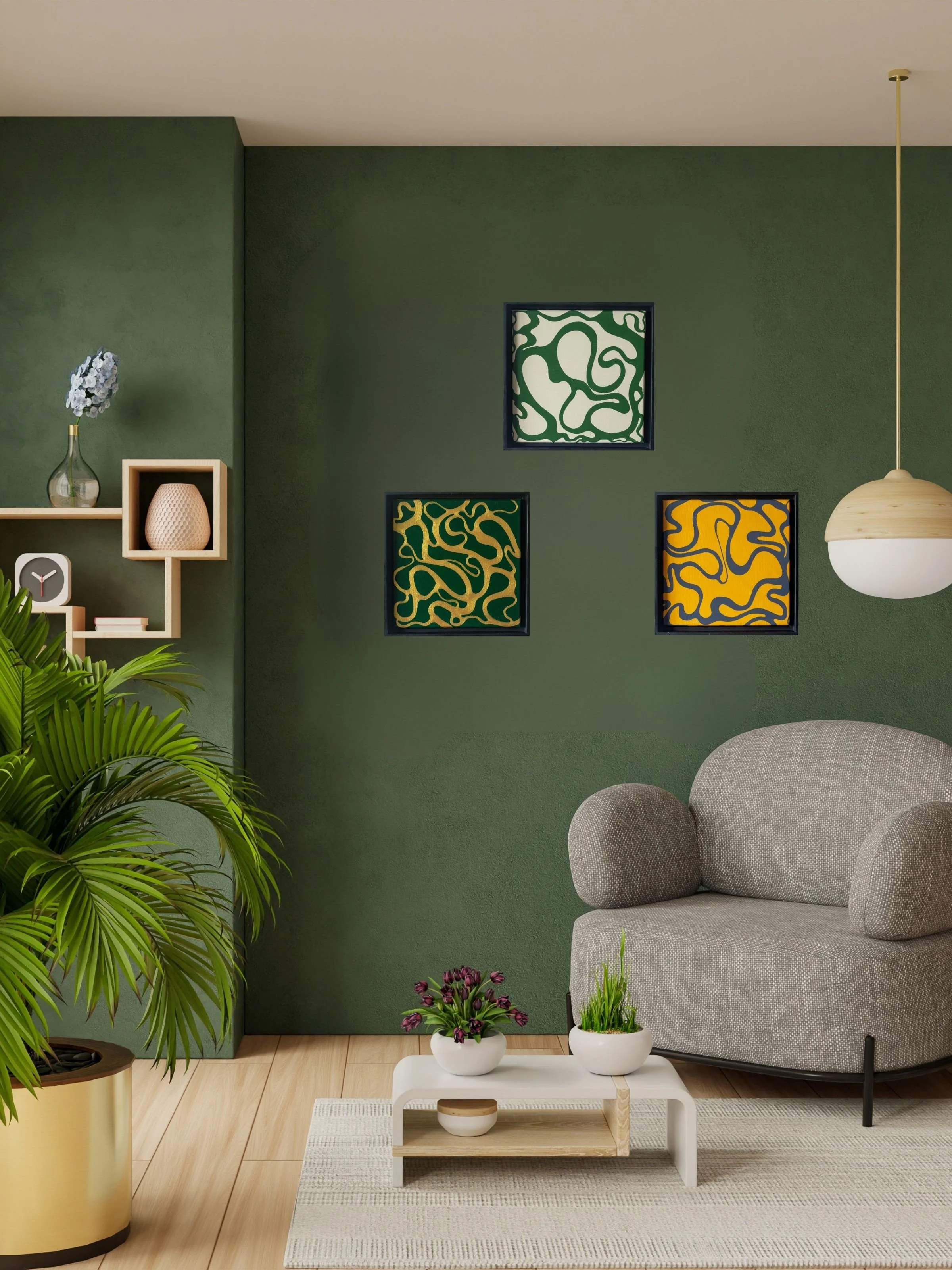 Contemporary Framed Green Abstract Canvas Painting Wall Art