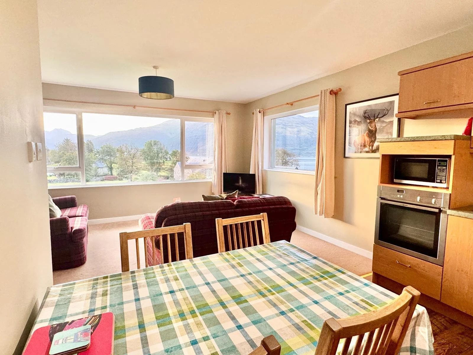 Interior view of a living room and dining area with large windows overlooking mountains and trees, a table with a checkered tablecloth, wooden chairs, a sofa, armchairs, a small TV, a microwave, framed deer picture on the wall, and cream-colored curt